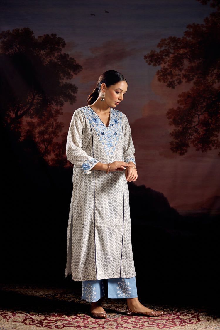 Daisy Cotton Printed Embroidered Kurta White Blue (Set Of 2)