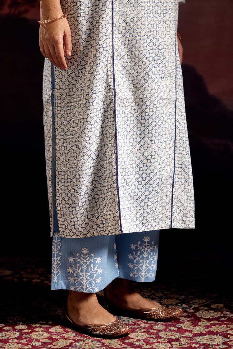 Daisy Cotton Printed Embroidered Kurta White Blue (Set Of 2)