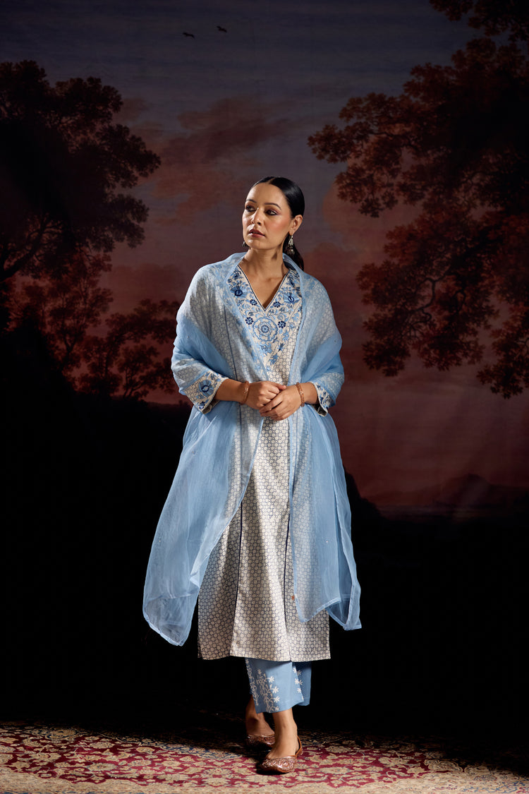 Daisy Cotton Printed Embroidered Kurta White Blue (Set Of 2)