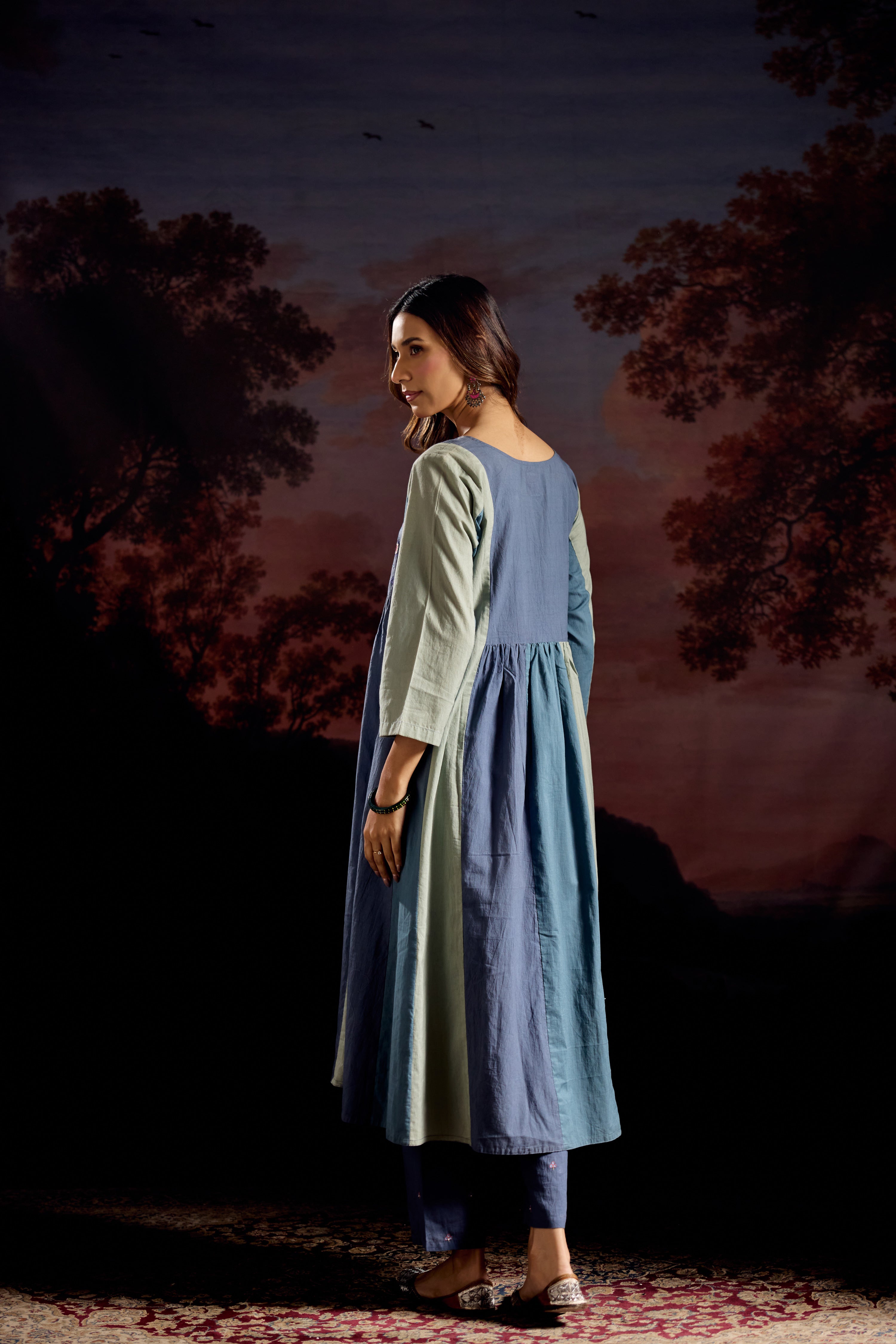 Dreamy Cotton Embroidered Kurta Blue Grey (Set Of 3)