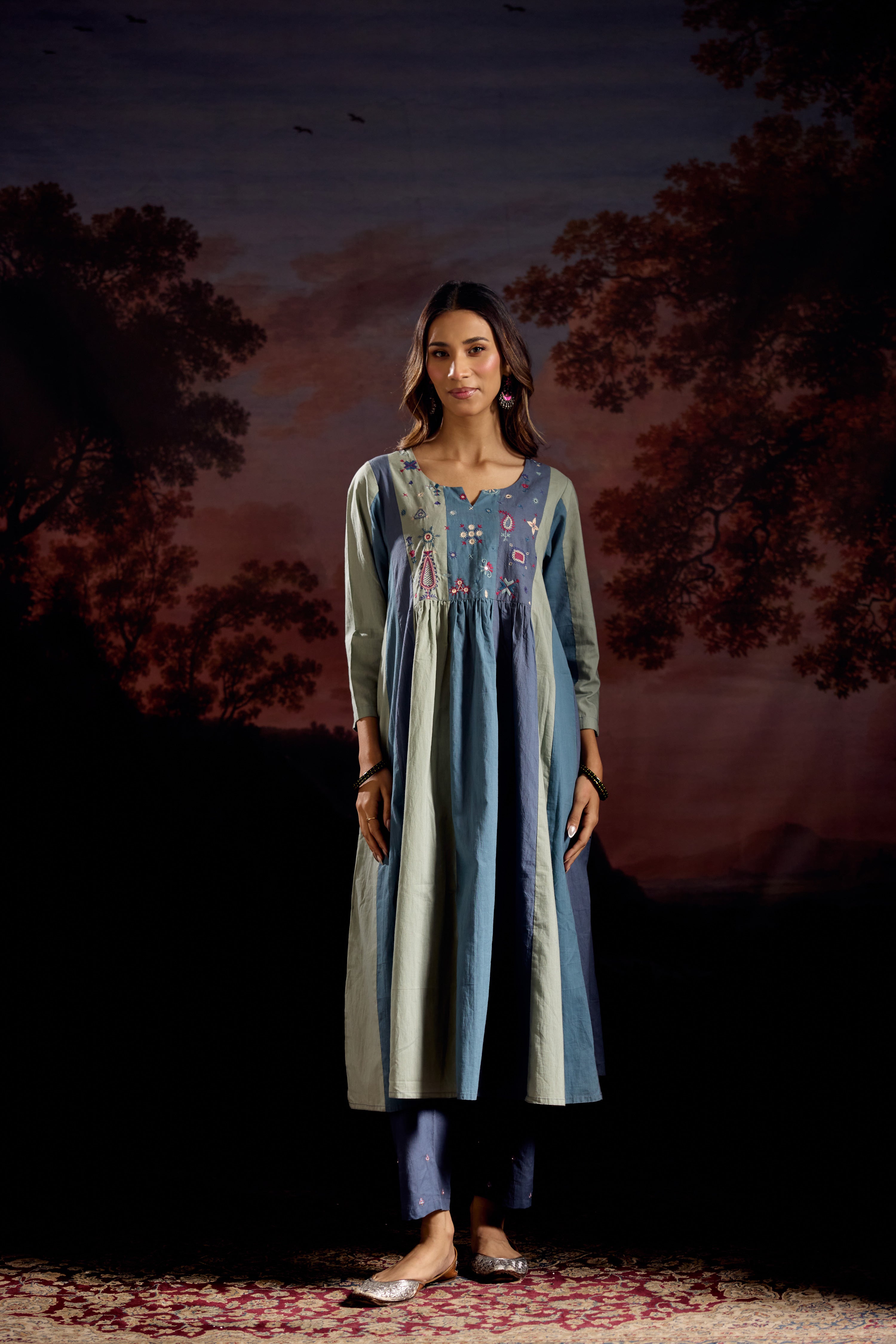 Dreamy Cotton Embroidered Kurta Blue Grey (Set Of 3)