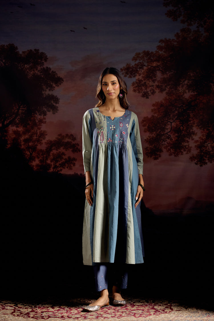 Dreamy Cotton Embroidered Kurta Blue Grey (Set Of 3)