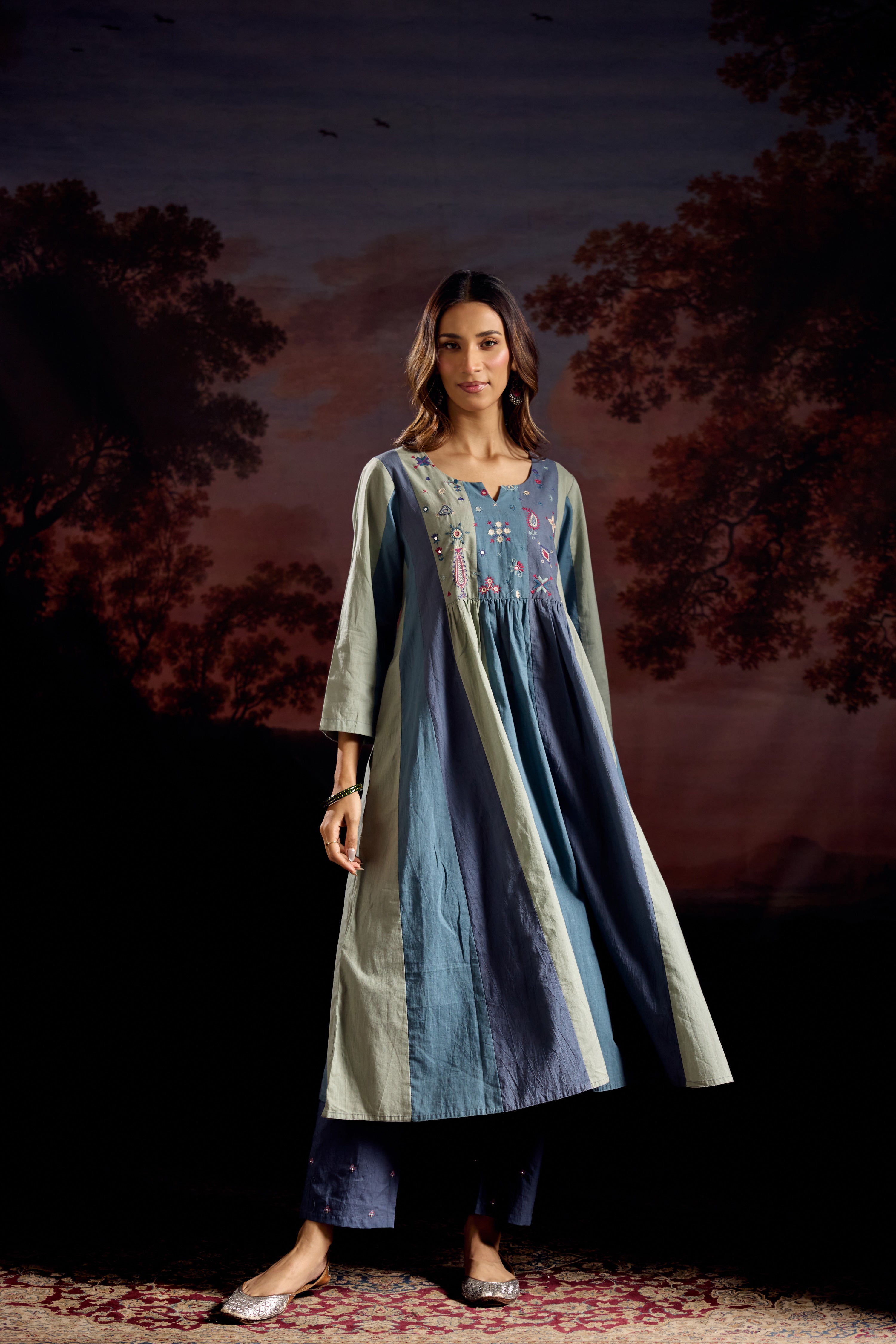 Dreamy Cotton Embroidered Kurta Blue Grey (Set Of 3)