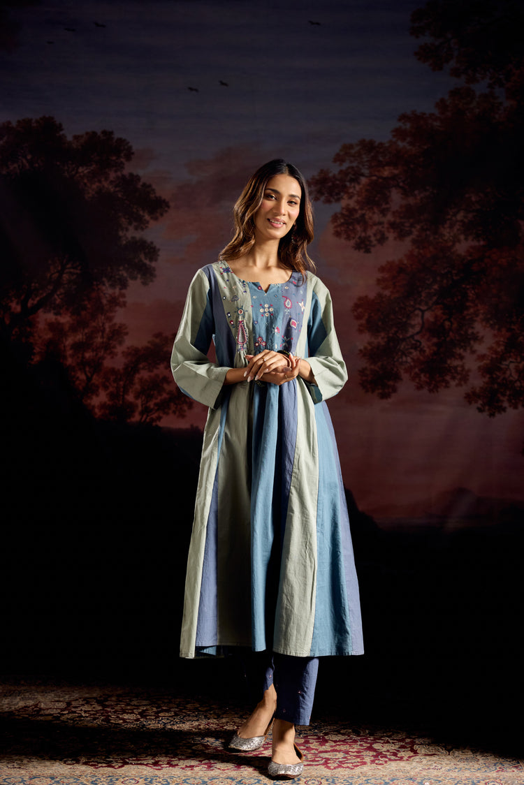Dreamy Cotton Embroidered Kurta Blue Grey (Set Of 3)