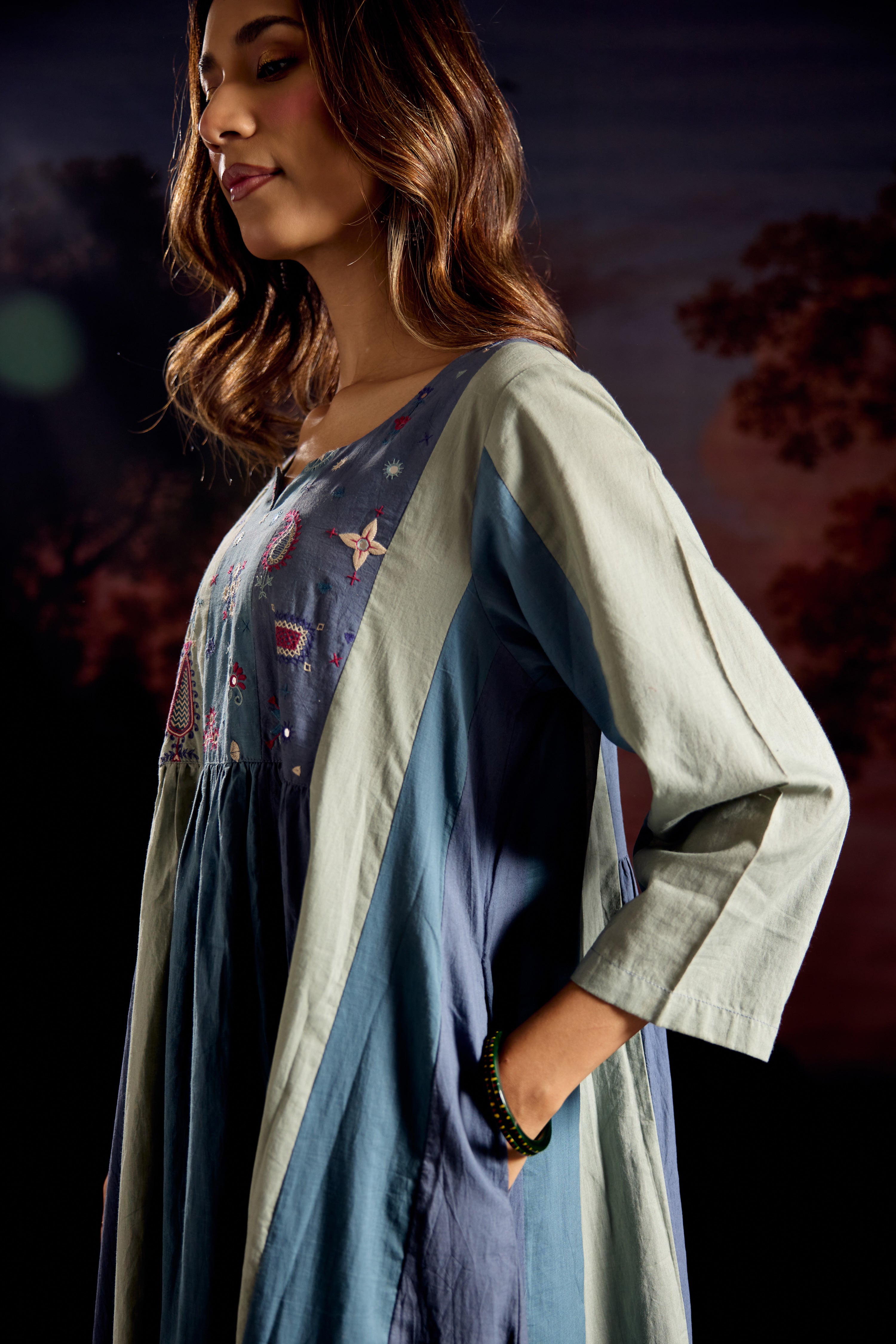 Dreamy Cotton Embroidered Kurta Blue Grey (Set Of 3)