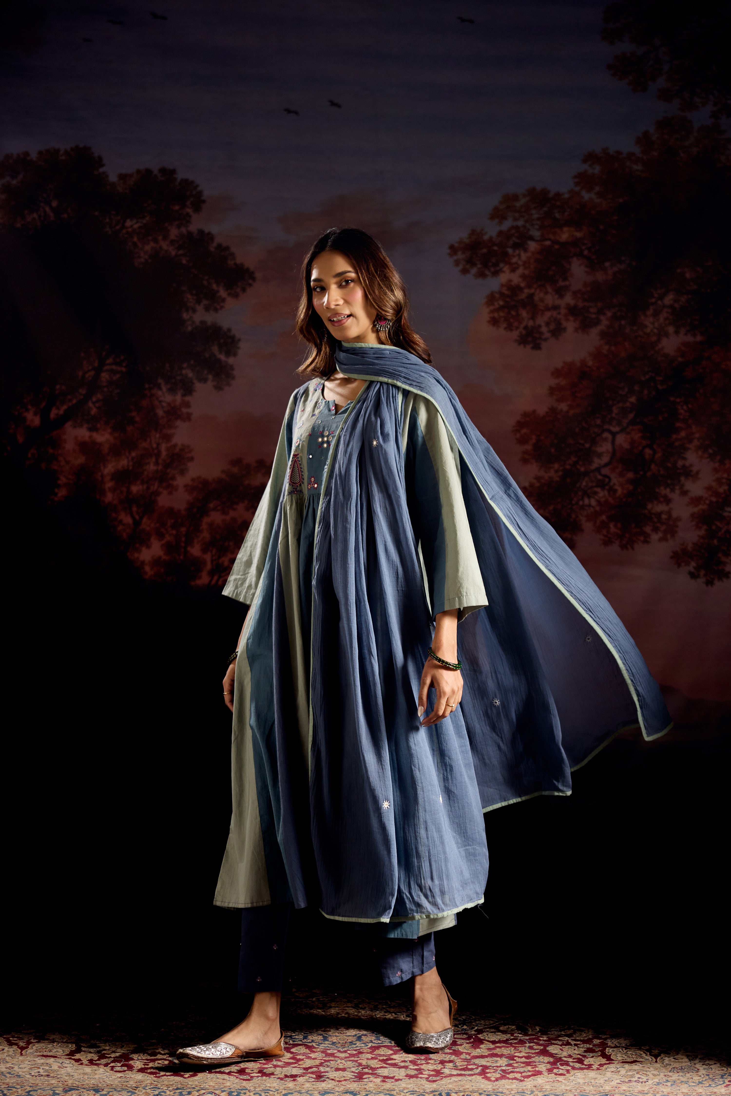 Dreamy Cotton Embroidered Kurta Blue Grey (Set Of 3)