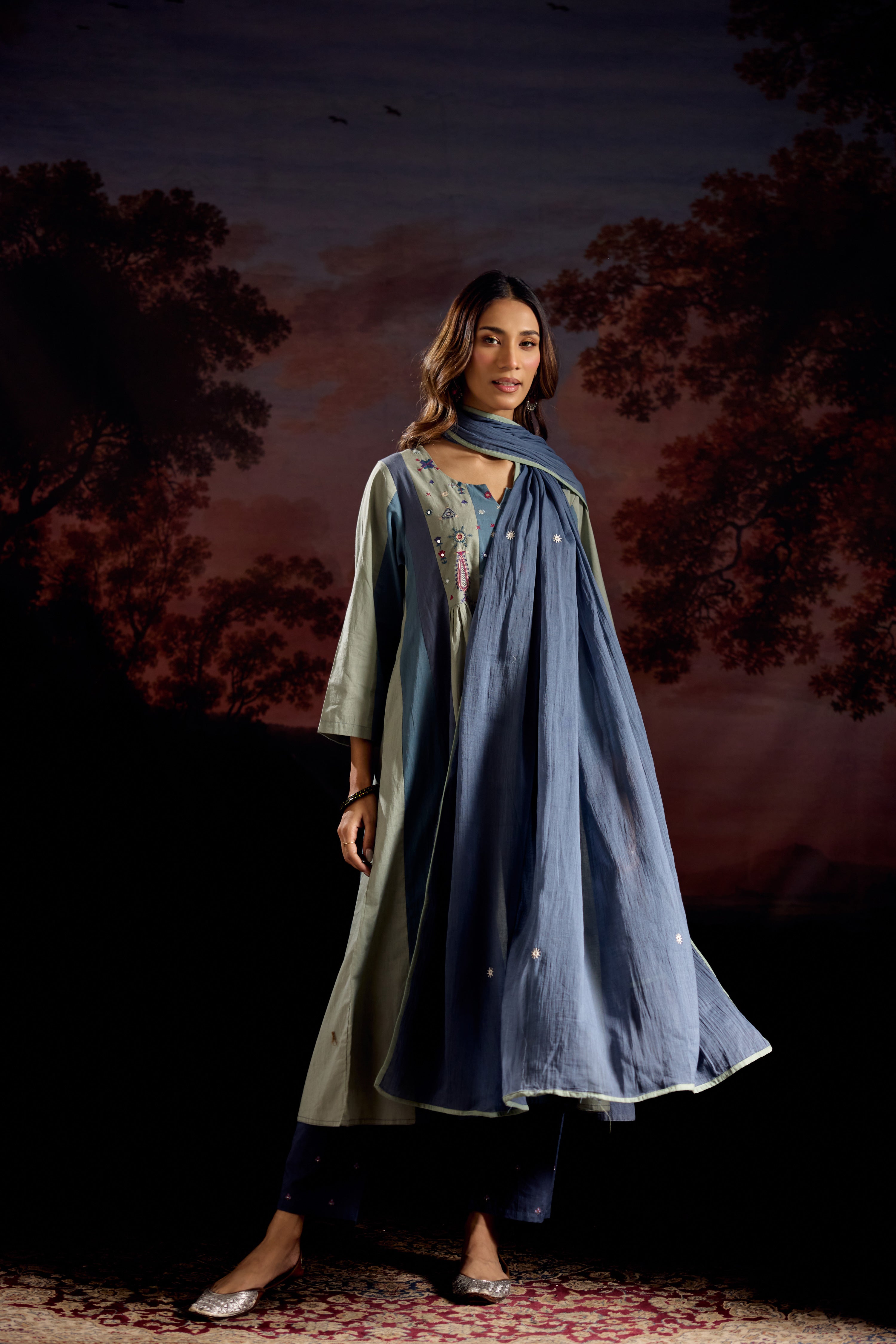 Dreamy Cotton Embroidered Kurta Blue Grey (Set Of 3)