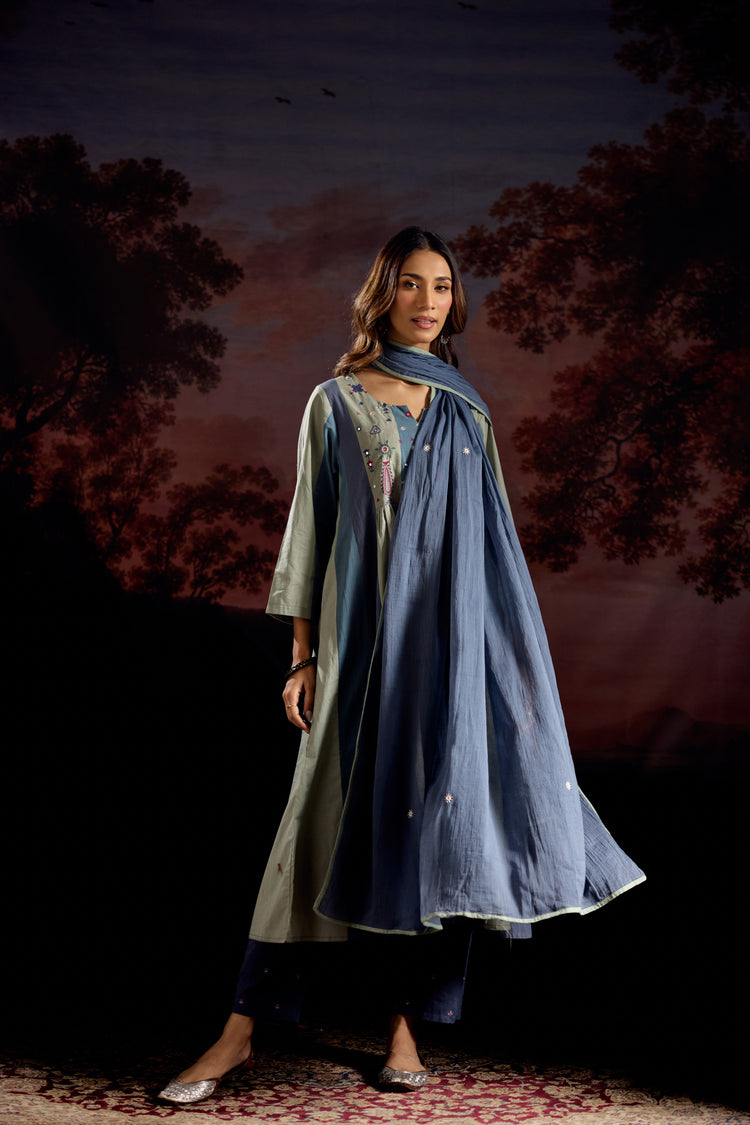 Dreamy Cotton Embroidered Kurta Blue Grey (Set Of 3)