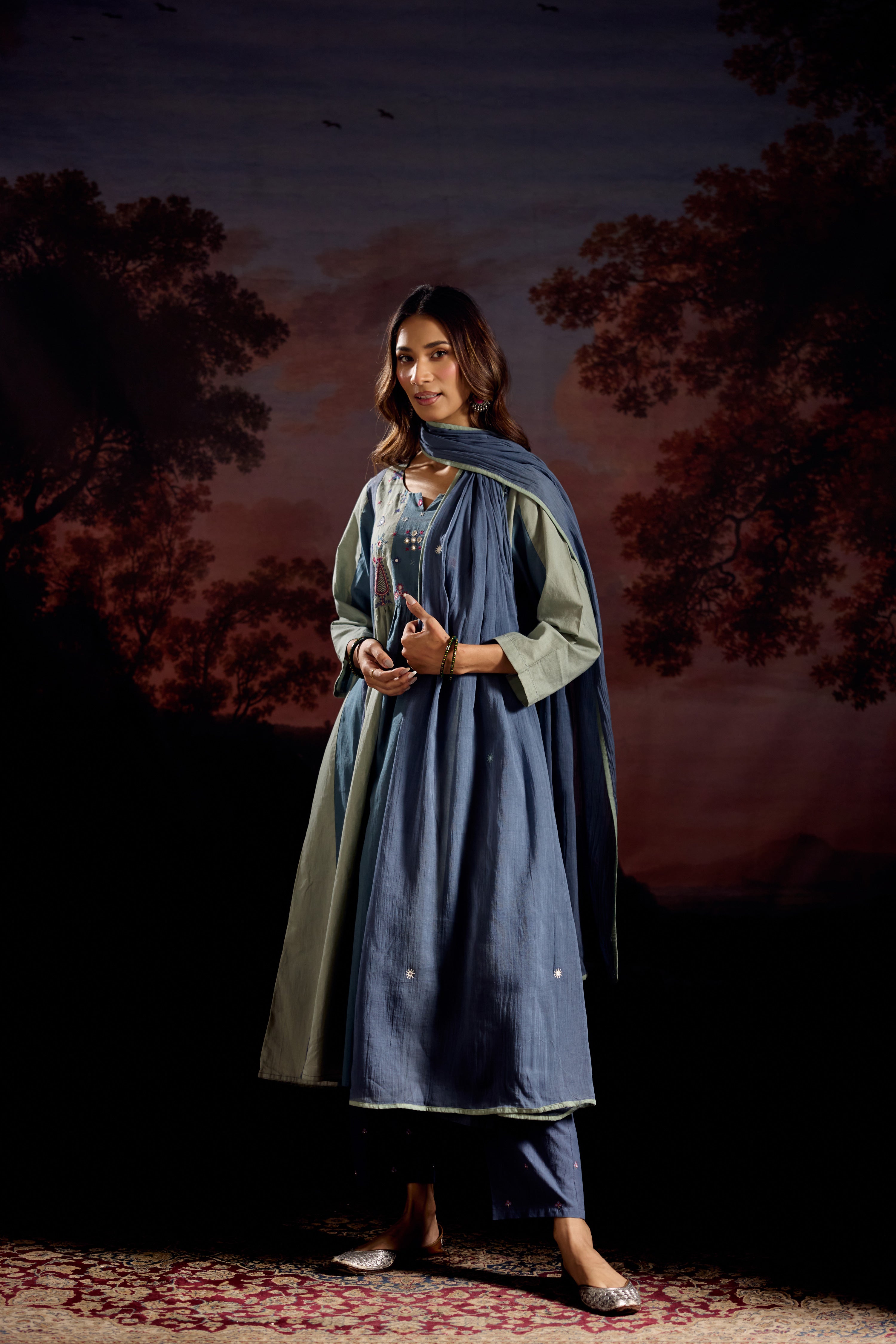 Dreamy Cotton Embroidered Kurta Blue Grey (Set Of 3)