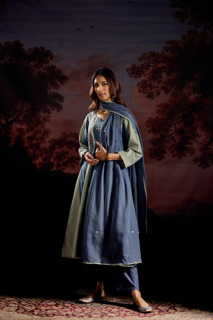 Dreamy Cotton Embroidered Kurta Blue Grey (Set Of 3)