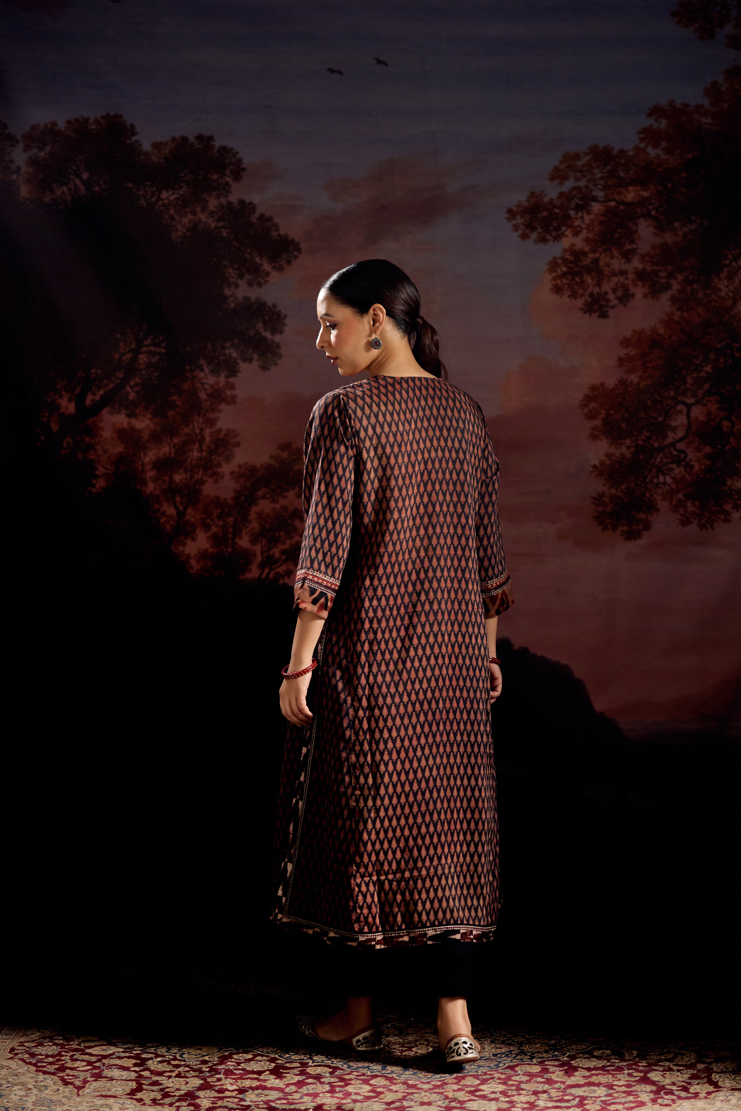 Anu Assam Silk Vanaspati Printed Kurta Black Rust