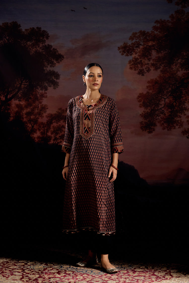 Anu Assam Silk Vanaspati Printed Kurta Black Rust