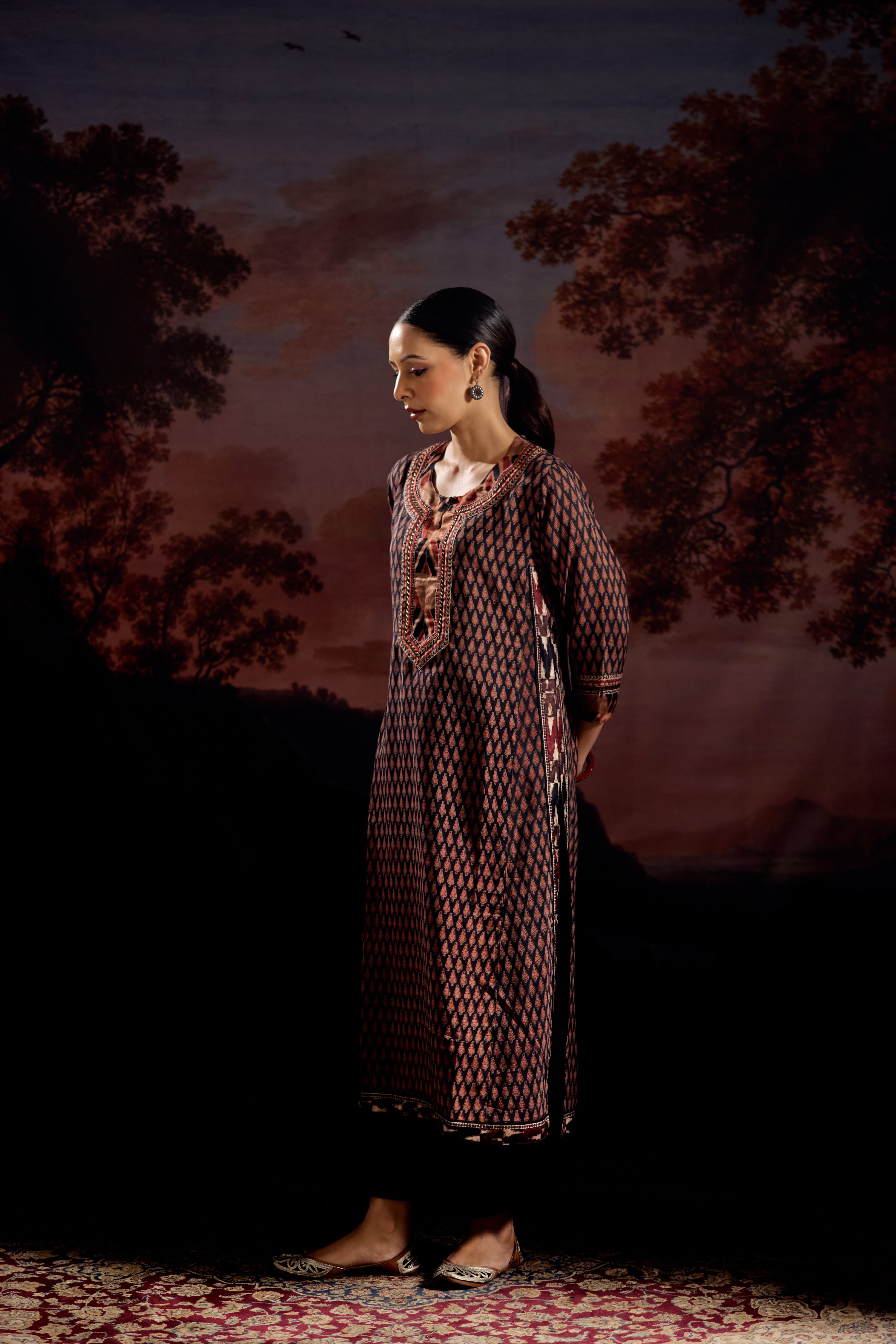 Anu Assam Silk Vanaspati Printed Kurta Black Rust