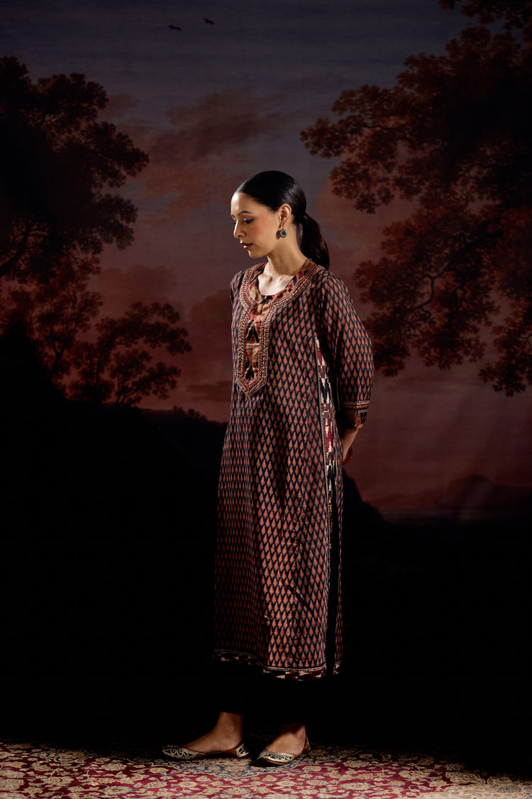 Anu Assam Silk Vanaspati Printed Kurta Black Rust