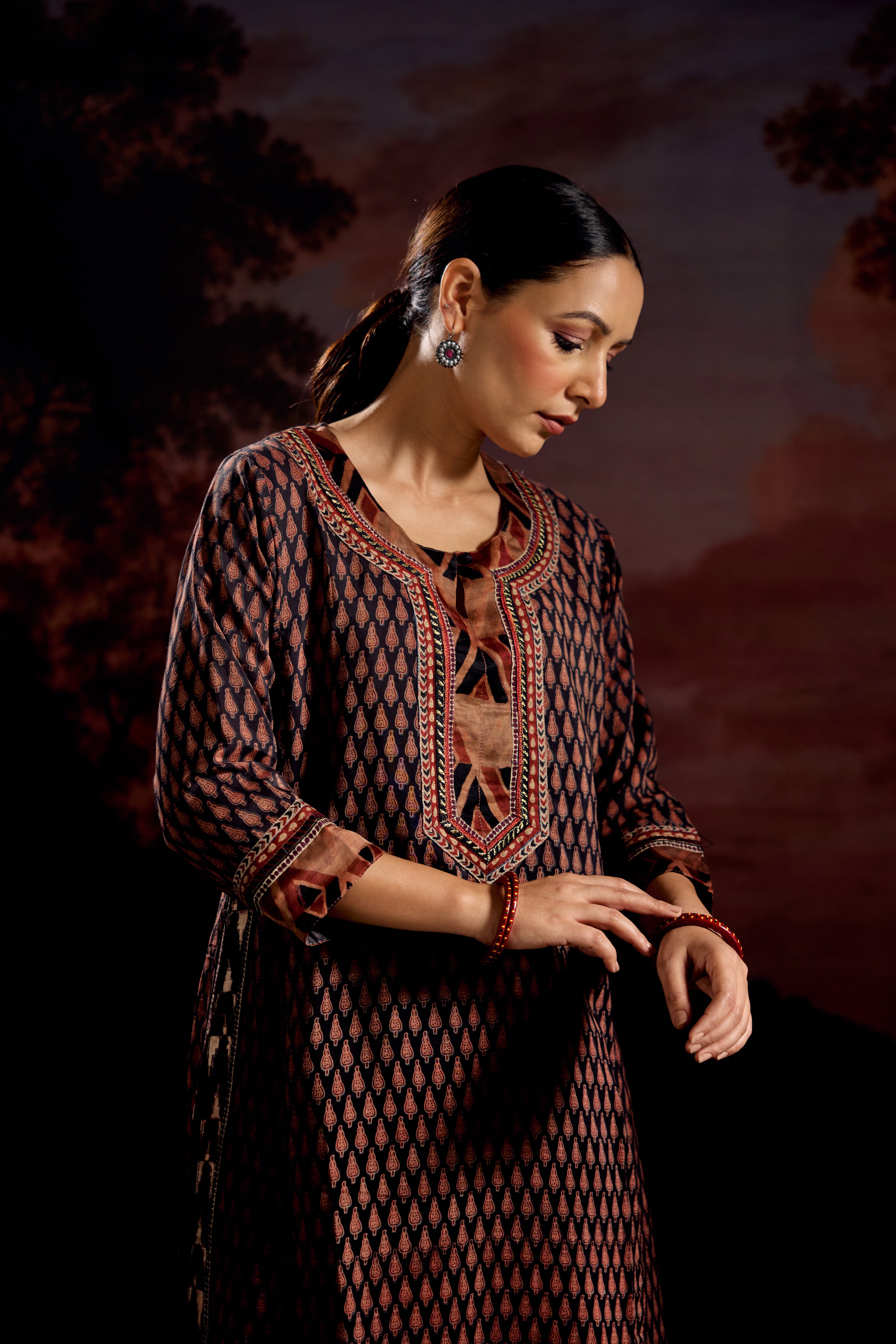 Anu Assam Silk Vanaspati Printed Kurta Black Rust