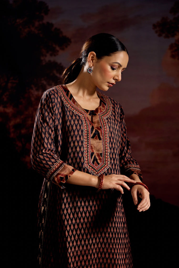 Anu Assam Silk Vanaspati Printed Kurta Black Rust