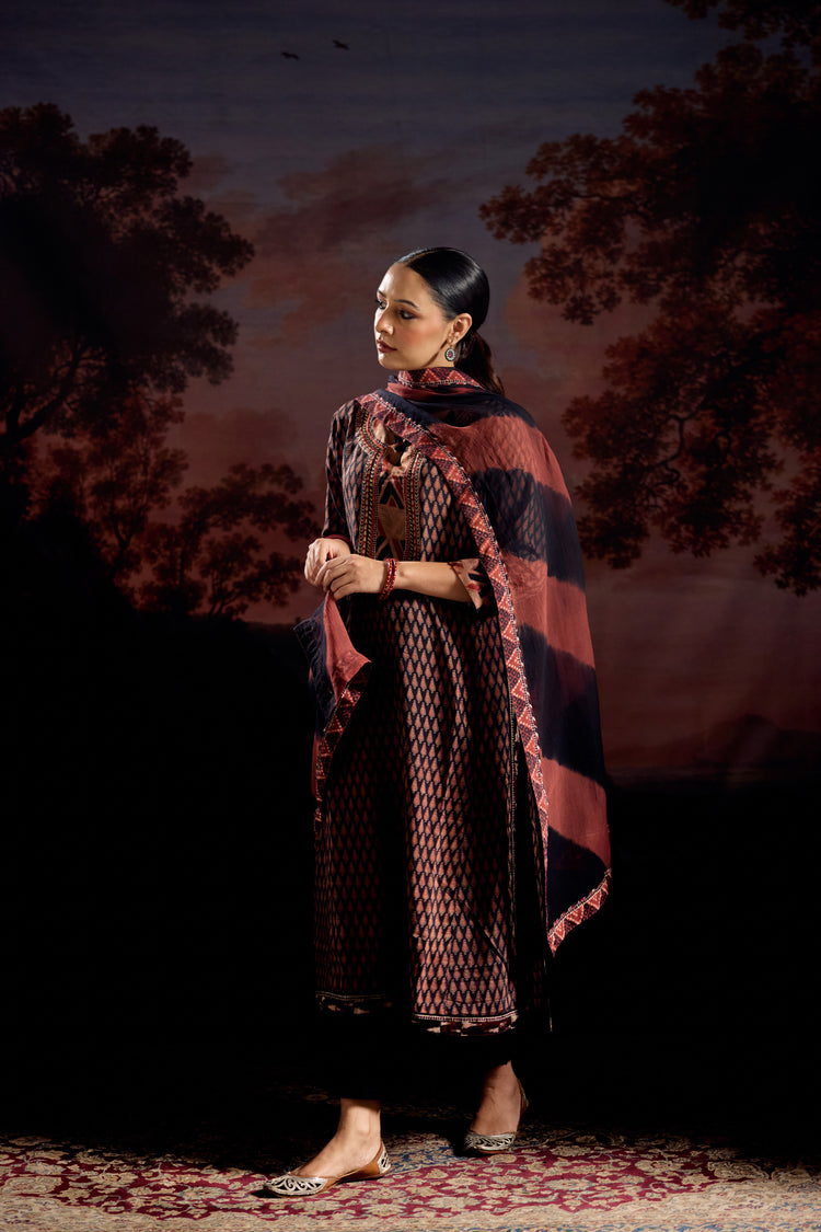 Anu Assam Silk Vanaspati Printed Kurta Black Rust