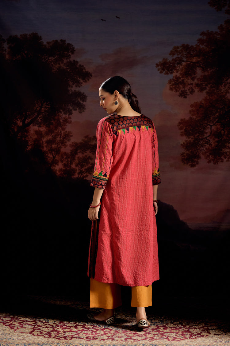 Rozana Cotton Embroidered Kurta Red (Set Of 3)