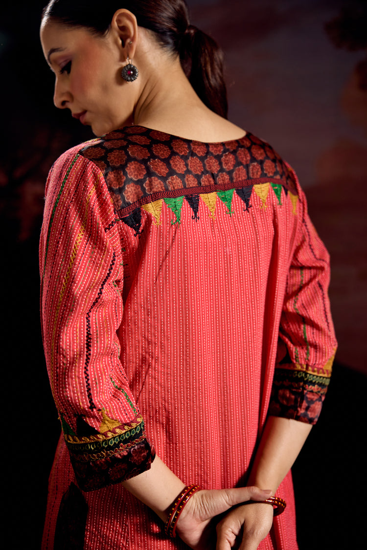 Rozana Cotton Embroidered Kurta Red (Set Of 3)