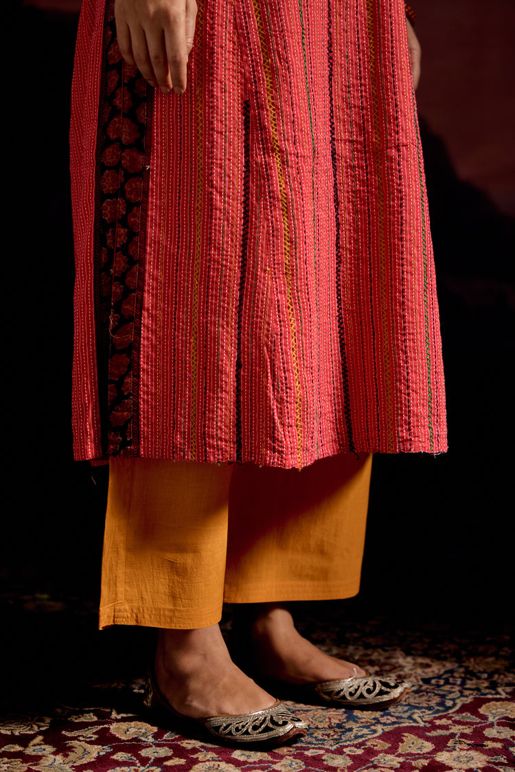 Rozana Cotton Embroidered Kurta Red (Set Of 3)