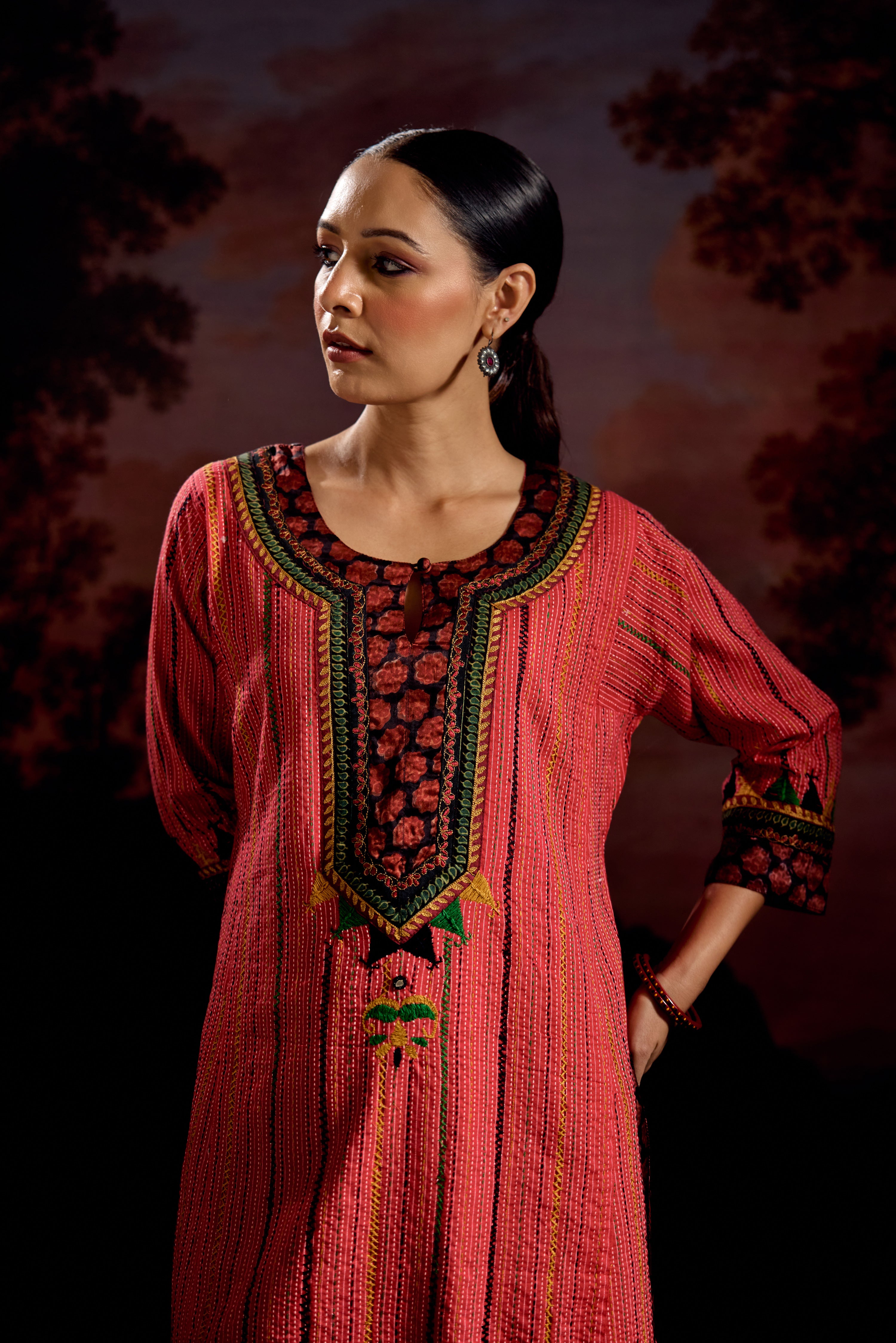 Rozana Cotton Embroidered Kurta Red (Set Of 3)