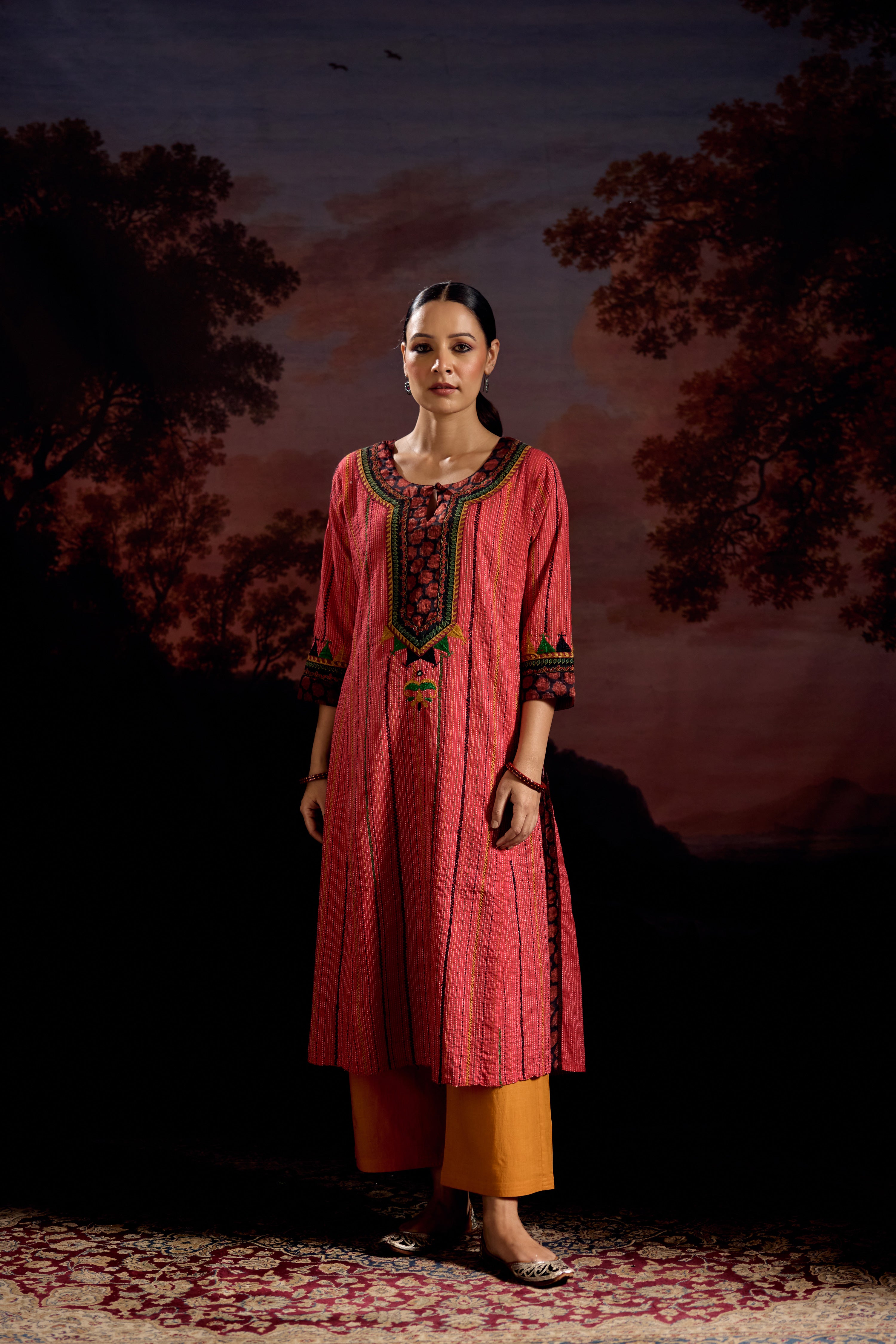 Rozana Cotton Embroidered Kurta Red (Set Of 3)