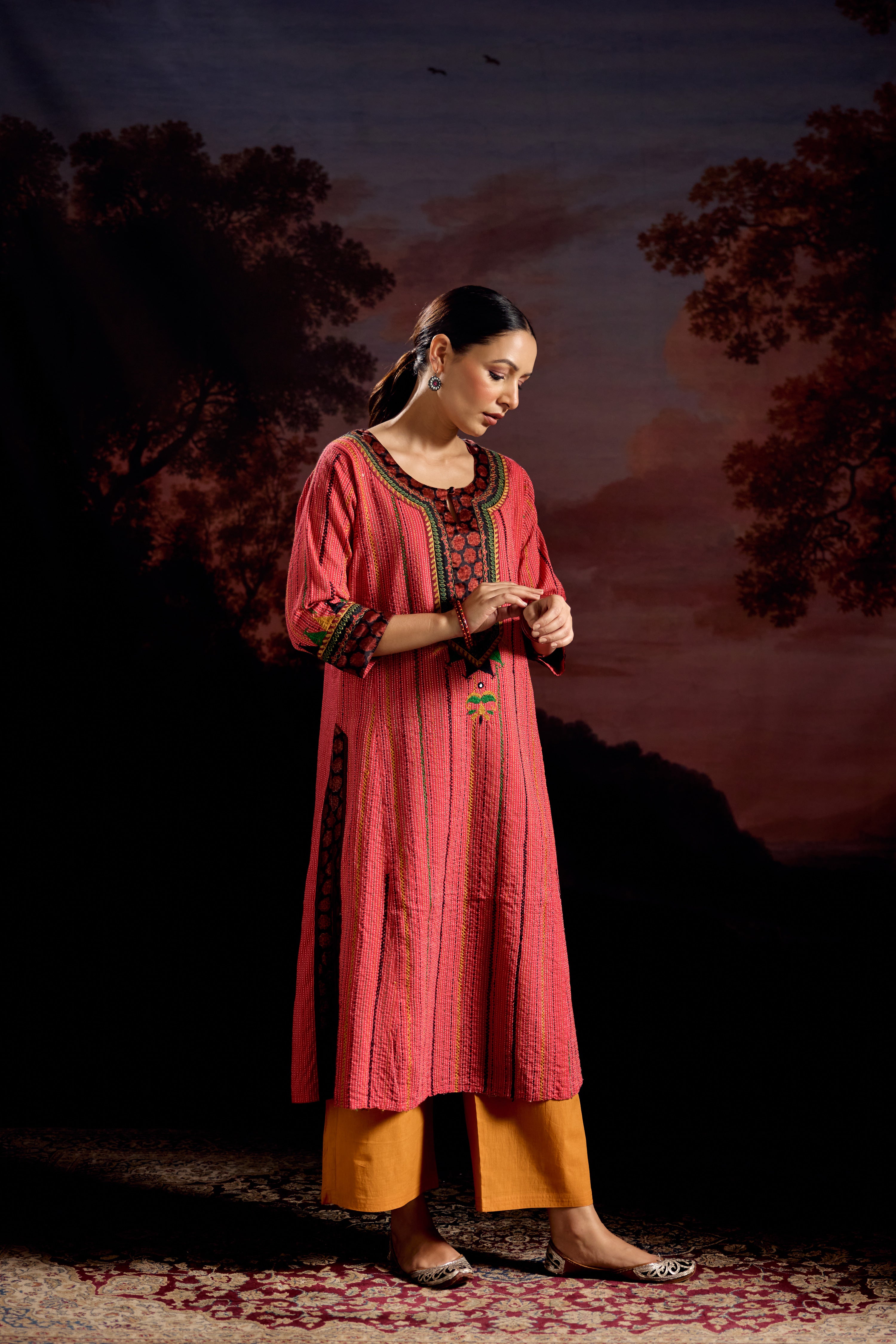 Rozana Cotton Embroidered Kurta Red (Set Of 3)