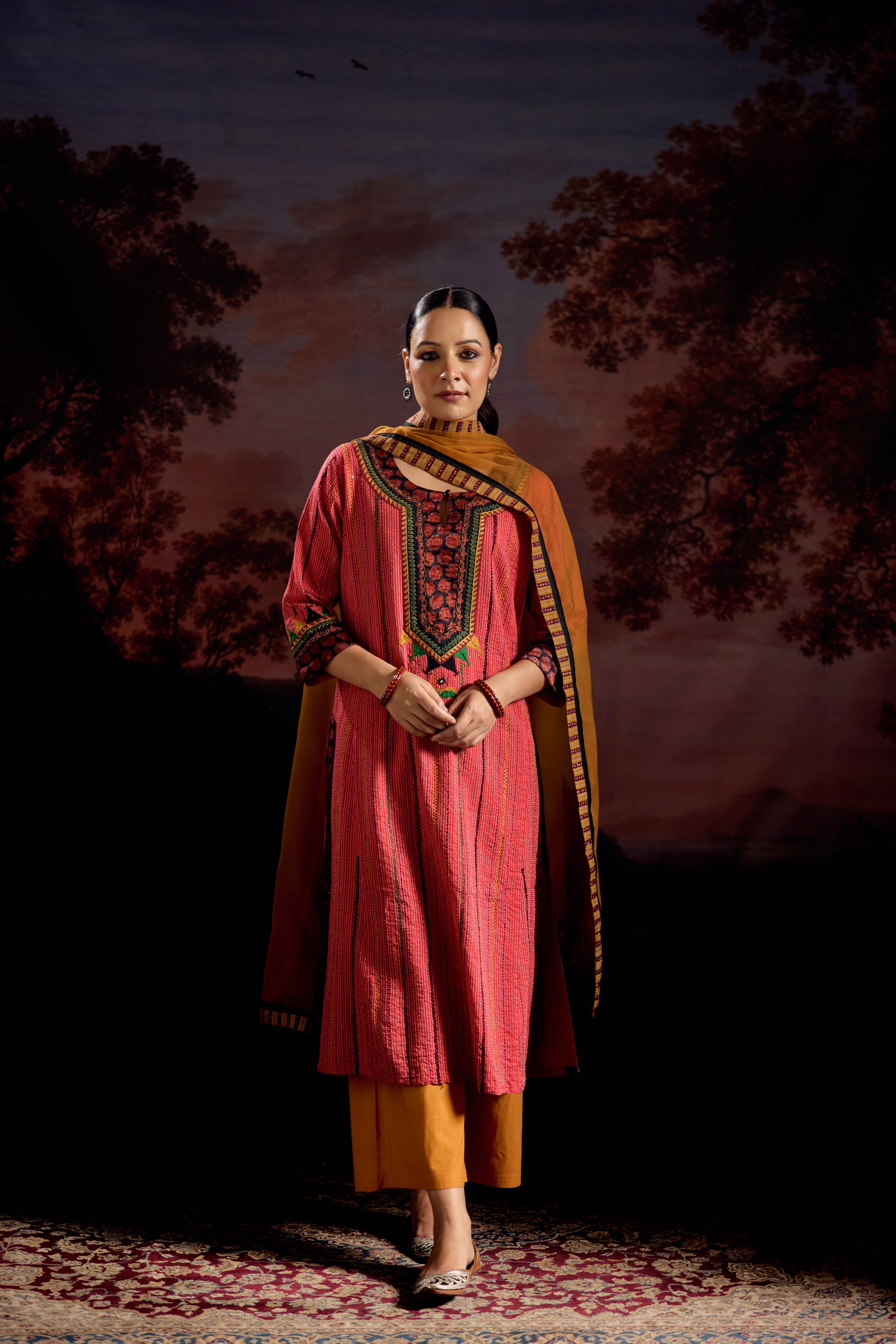 Rozana Cotton Embroidered Kurta Red (Set Of 3)