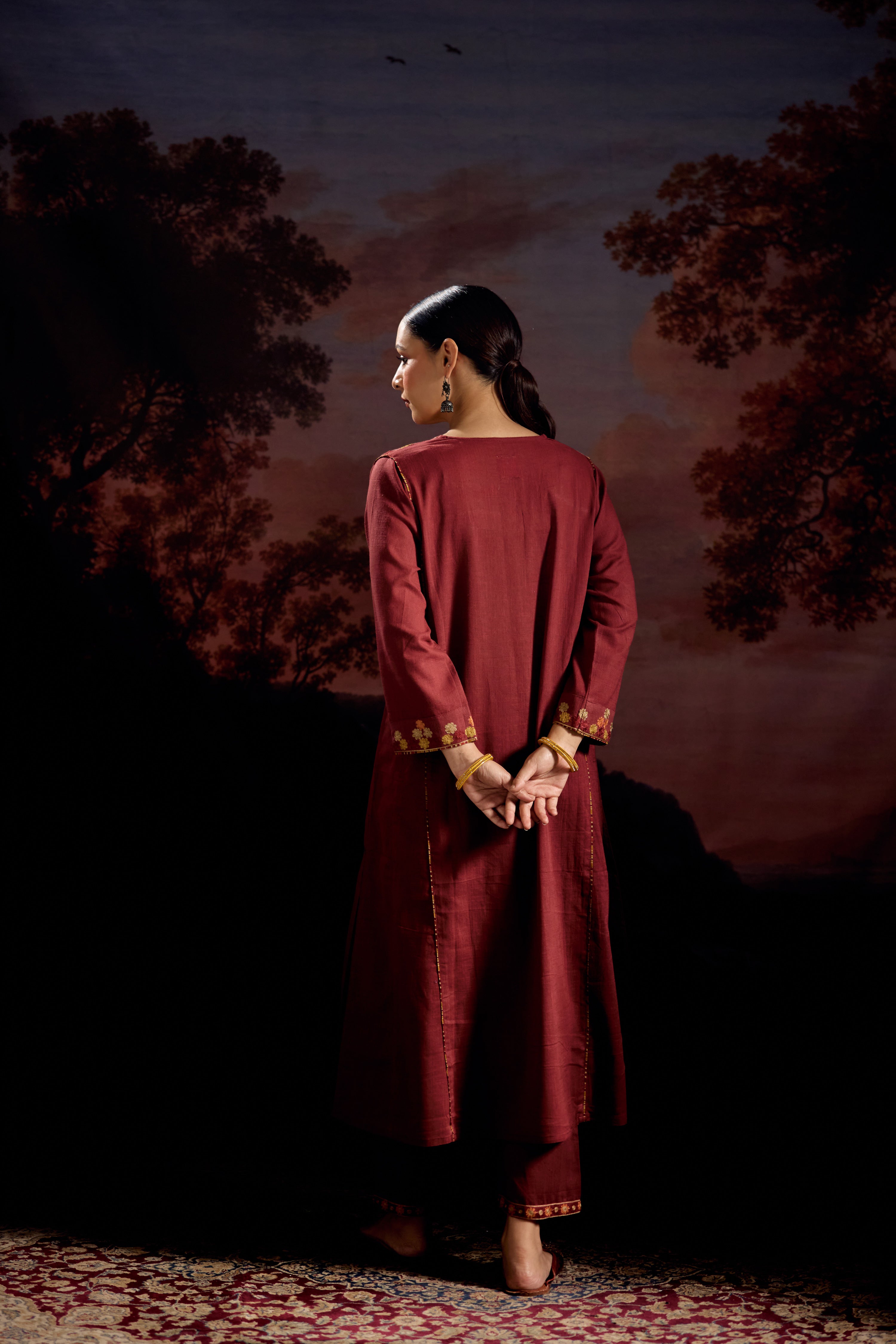 Tulsi Cotton Slub Embroidered Kurta Maroon (Set Of 3)