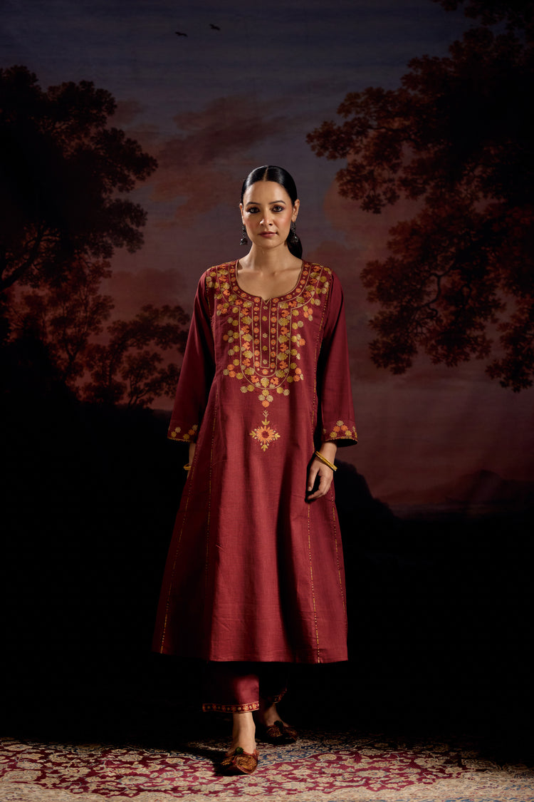 Tulsi Cotton Slub Embroidered Kurta Maroon (Set Of 3)