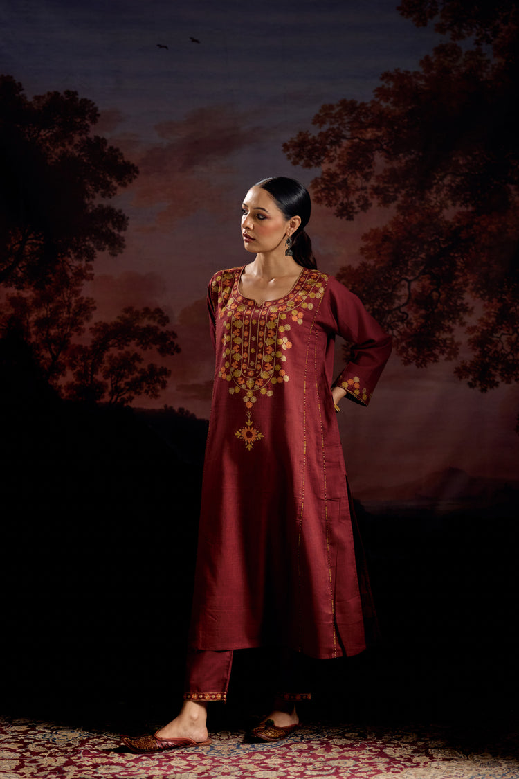 Tulsi Cotton Slub Embroidered Kurta Maroon (Set Of 3)