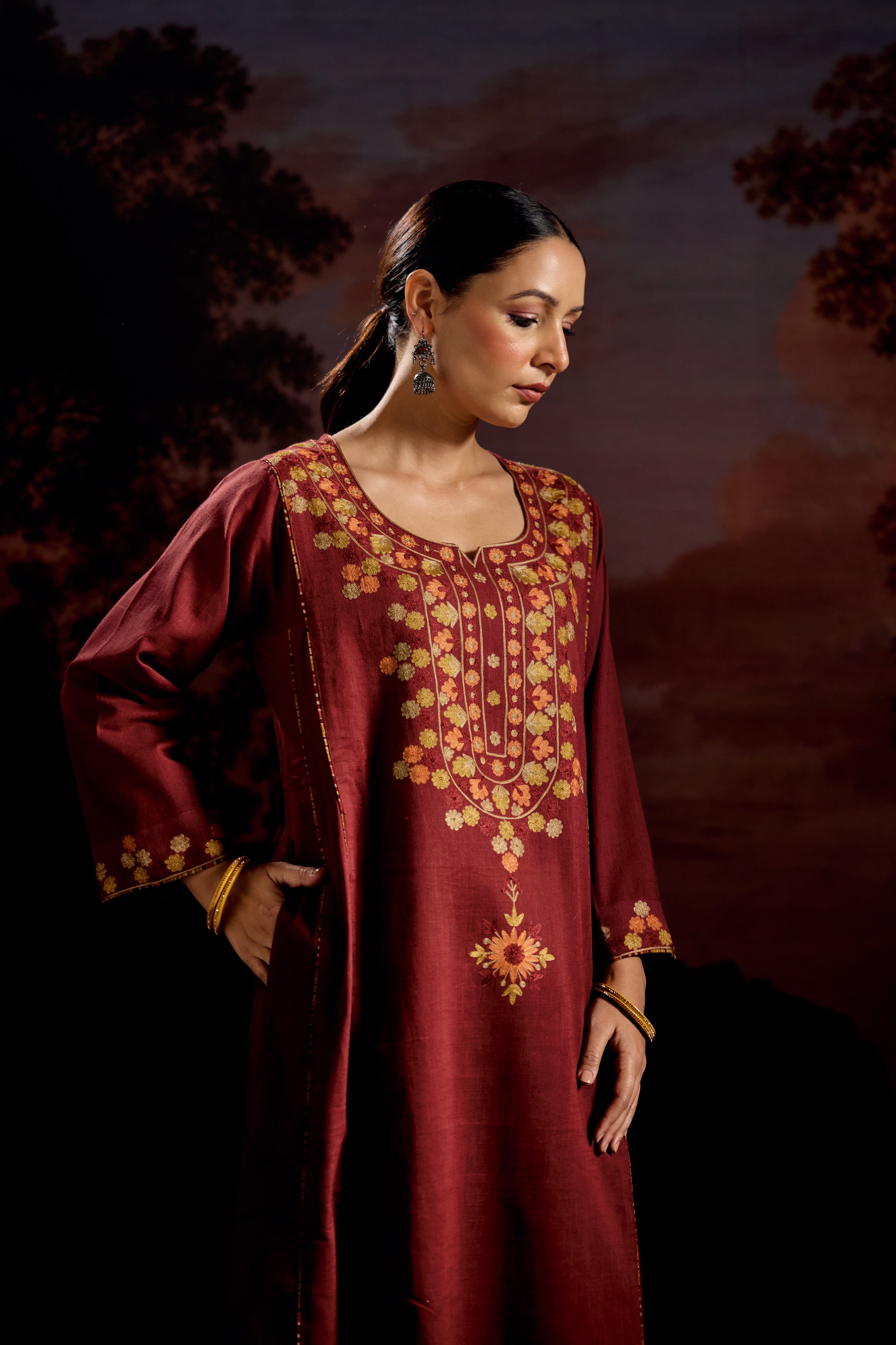 Tulsi Cotton Slub Embroidered Kurta Maroon (Set Of 3)