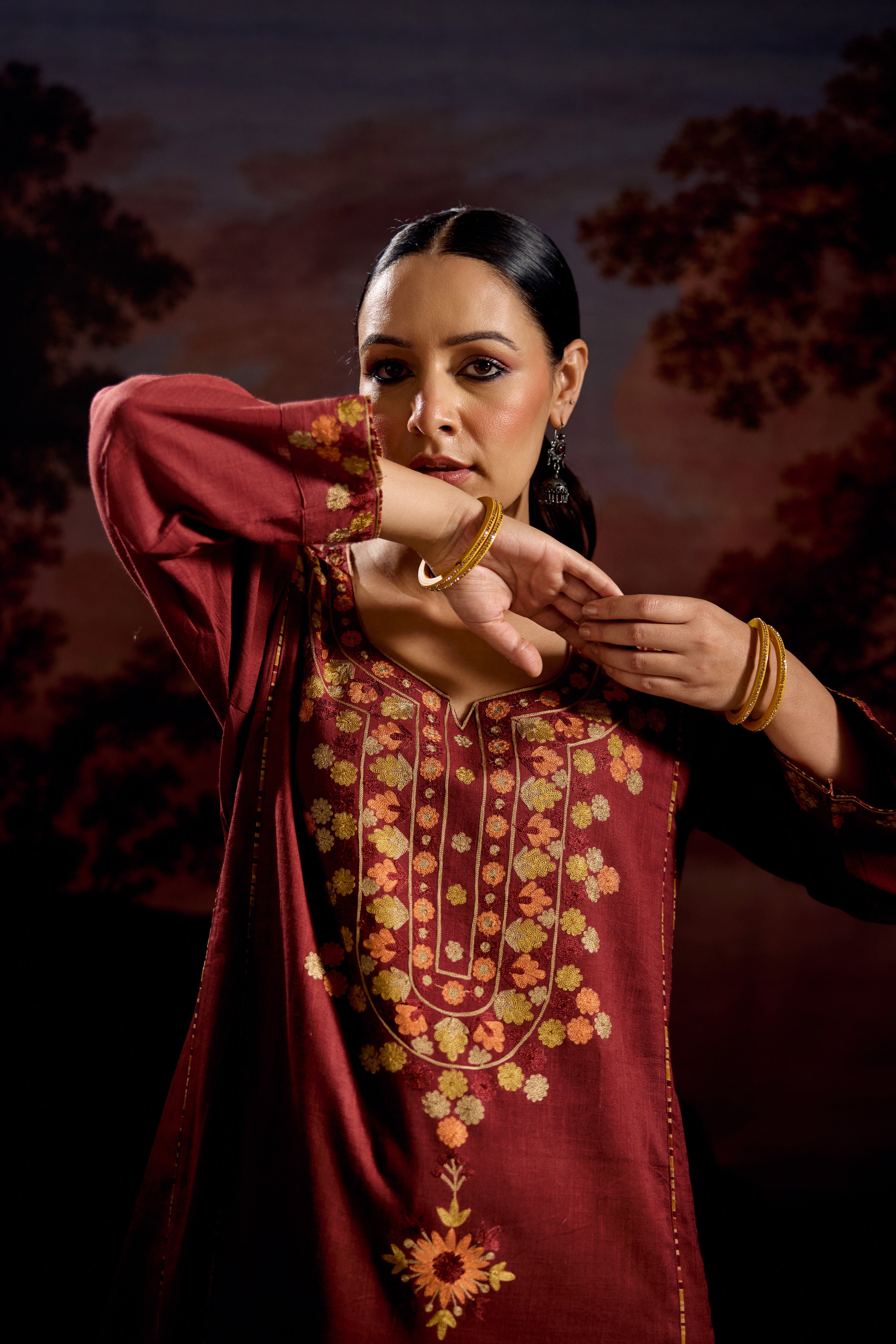 Tulsi Cotton Slub Embroidered Kurta Maroon (Set Of 3)