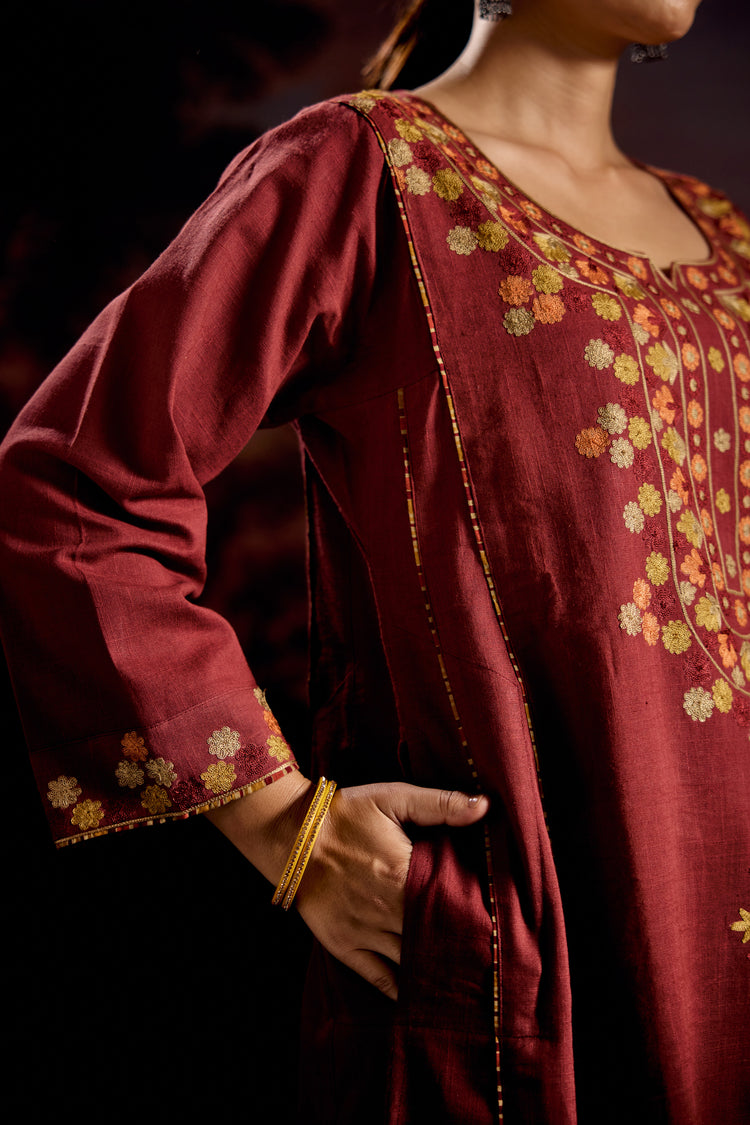 Tulsi Cotton Slub Embroidered Kurta Maroon (Set Of 3)