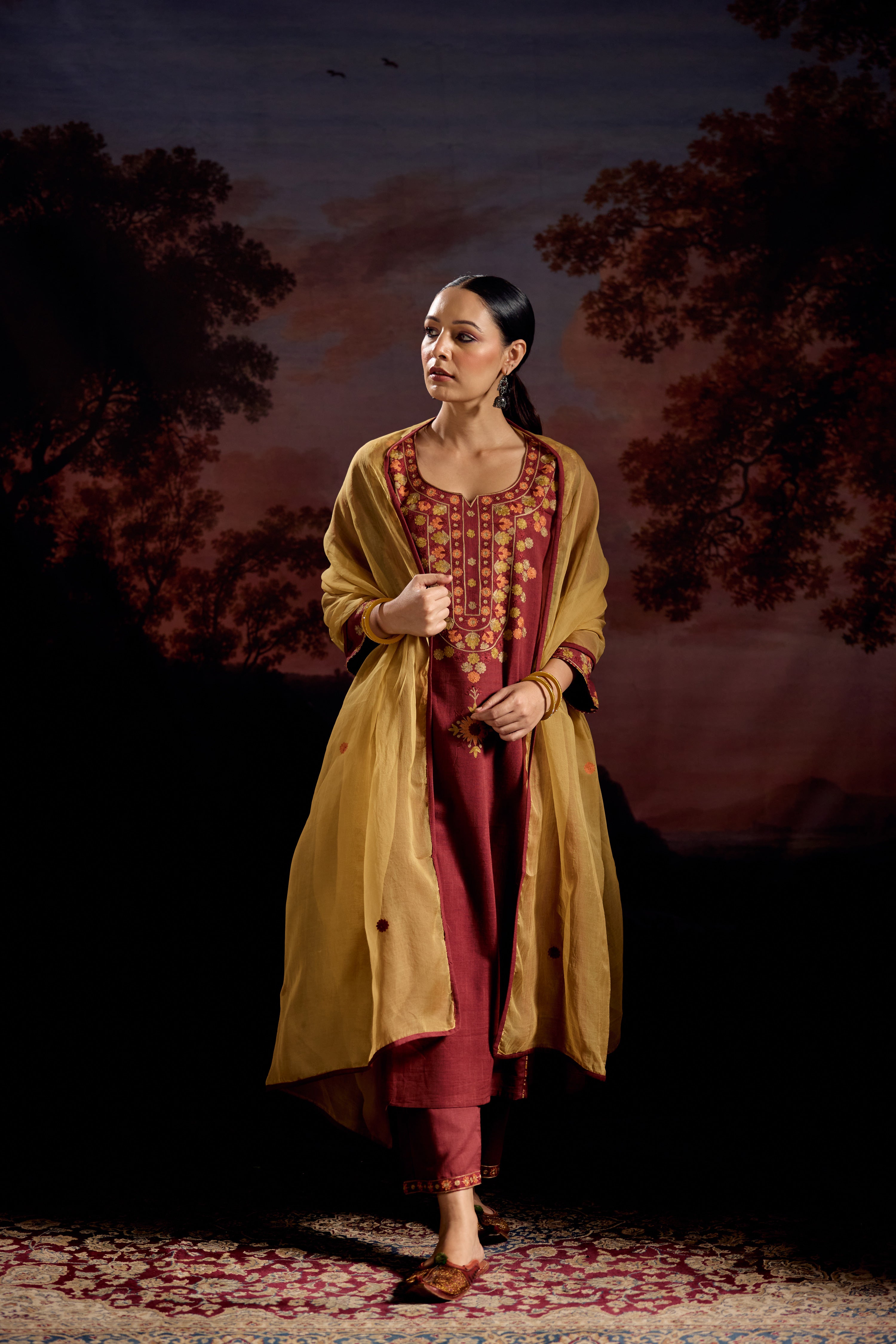 Tulsi Cotton Slub Embroidered Kurta Maroon (Set Of 3)