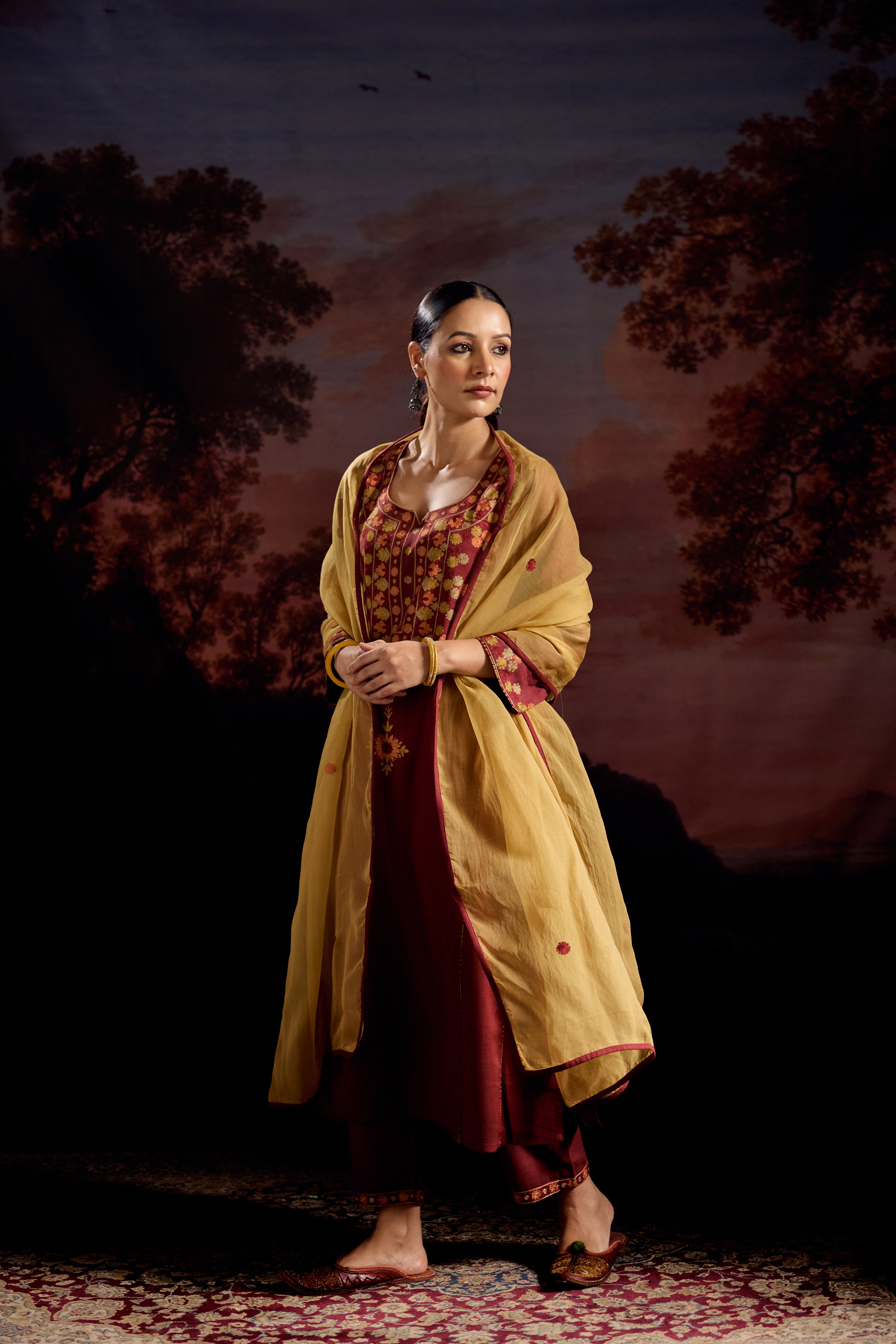 Tulsi Cotton Slub Embroidered Kurta Maroon (Set Of 3)