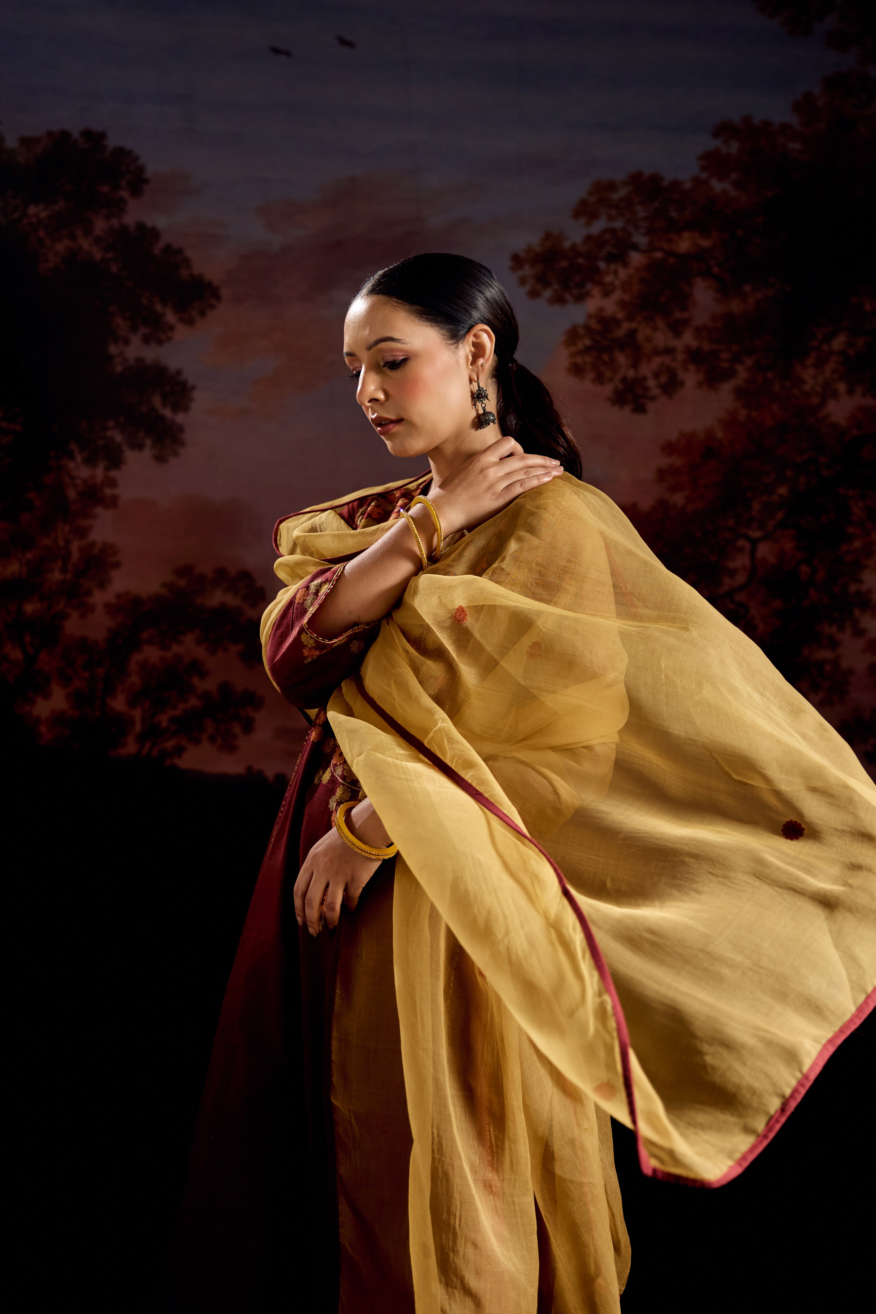 Tulsi Cotton Slub Embroidered Kurta Maroon (Set Of 3)