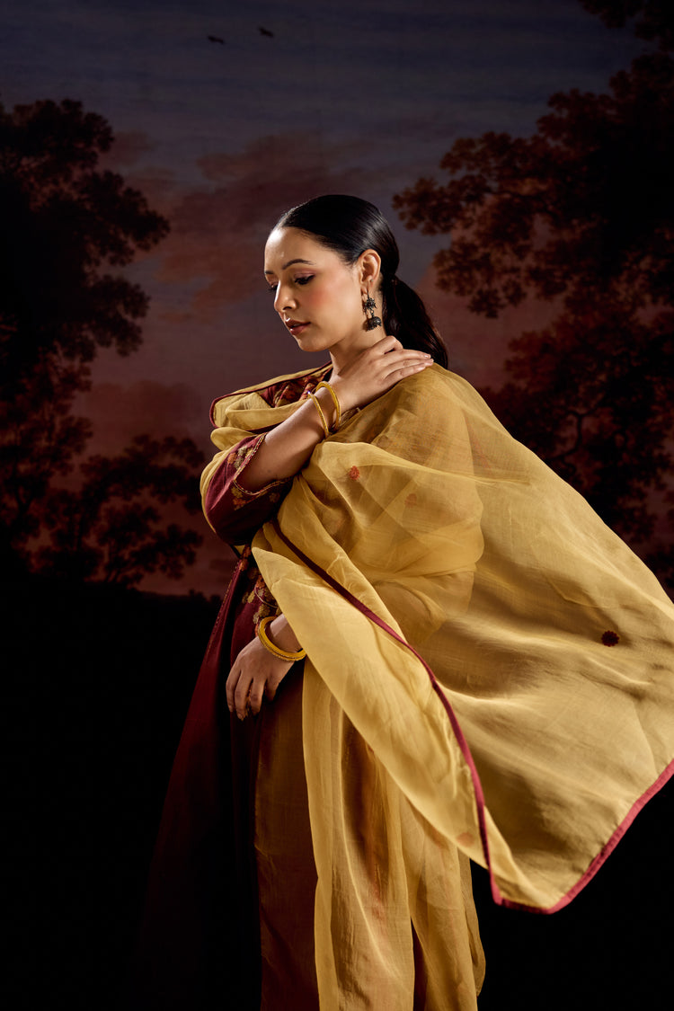 Tulsi Cotton Slub Embroidered Kurta Maroon (Set Of 3)