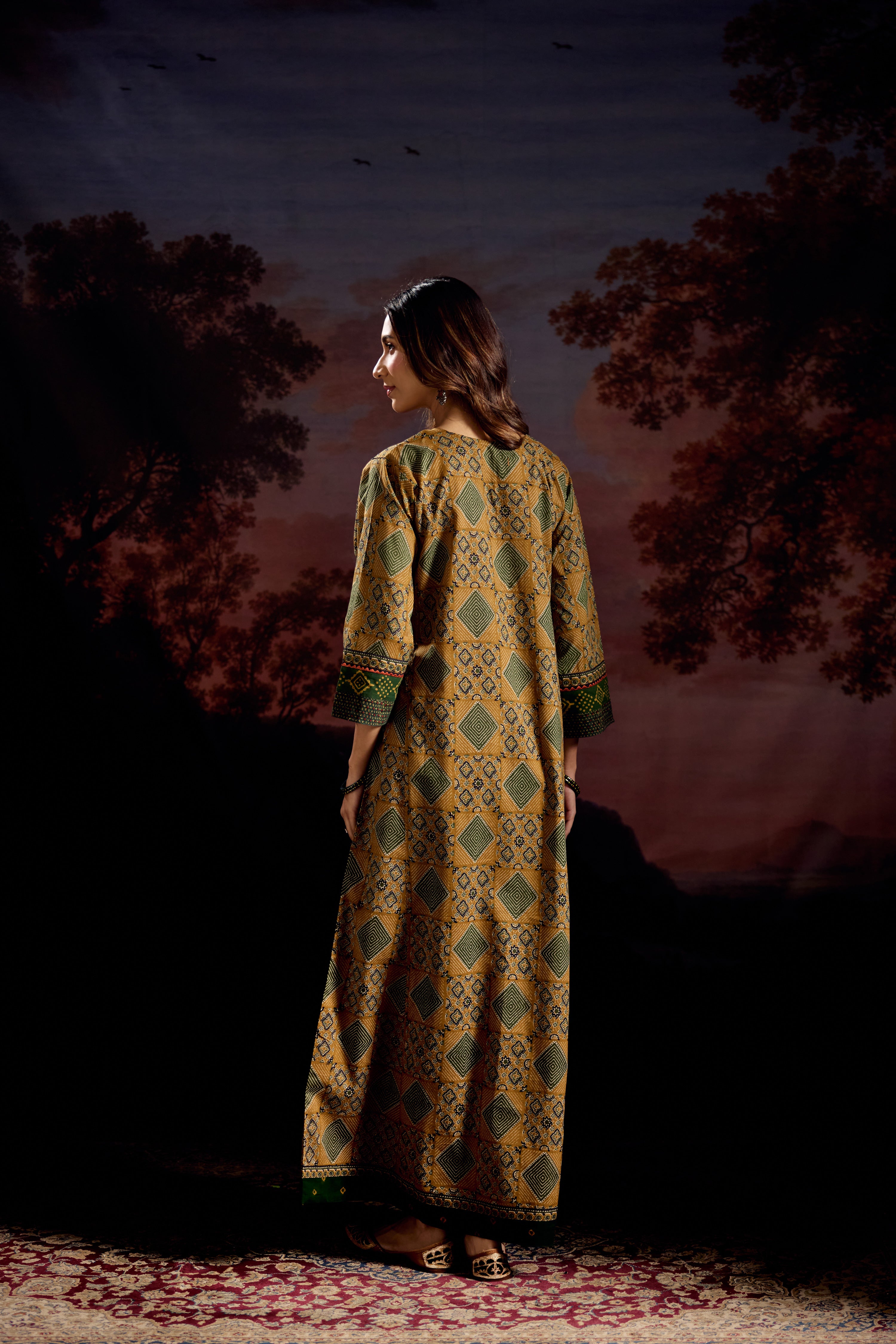 Rozana Cotton Printed Caftan Ochre/Green