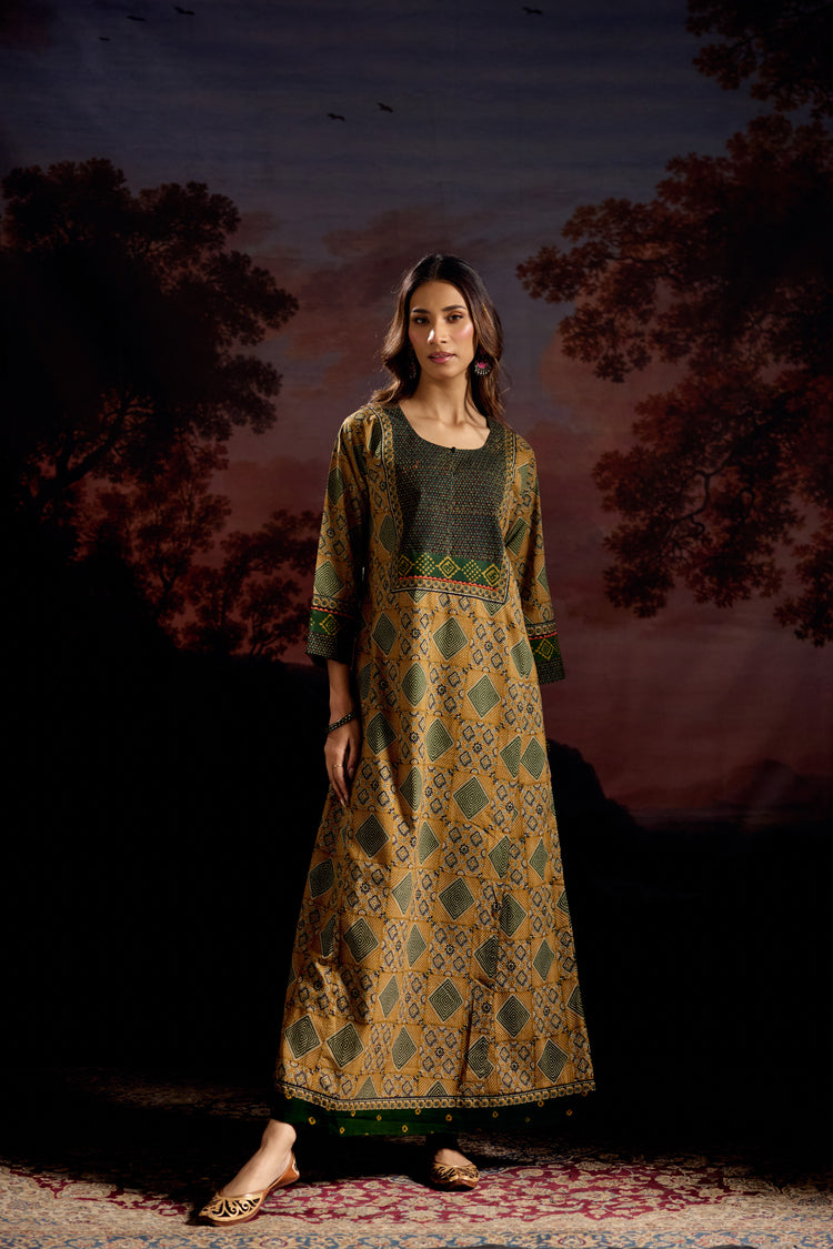 Rozana Cotton Printed Caftan Ochre/Green