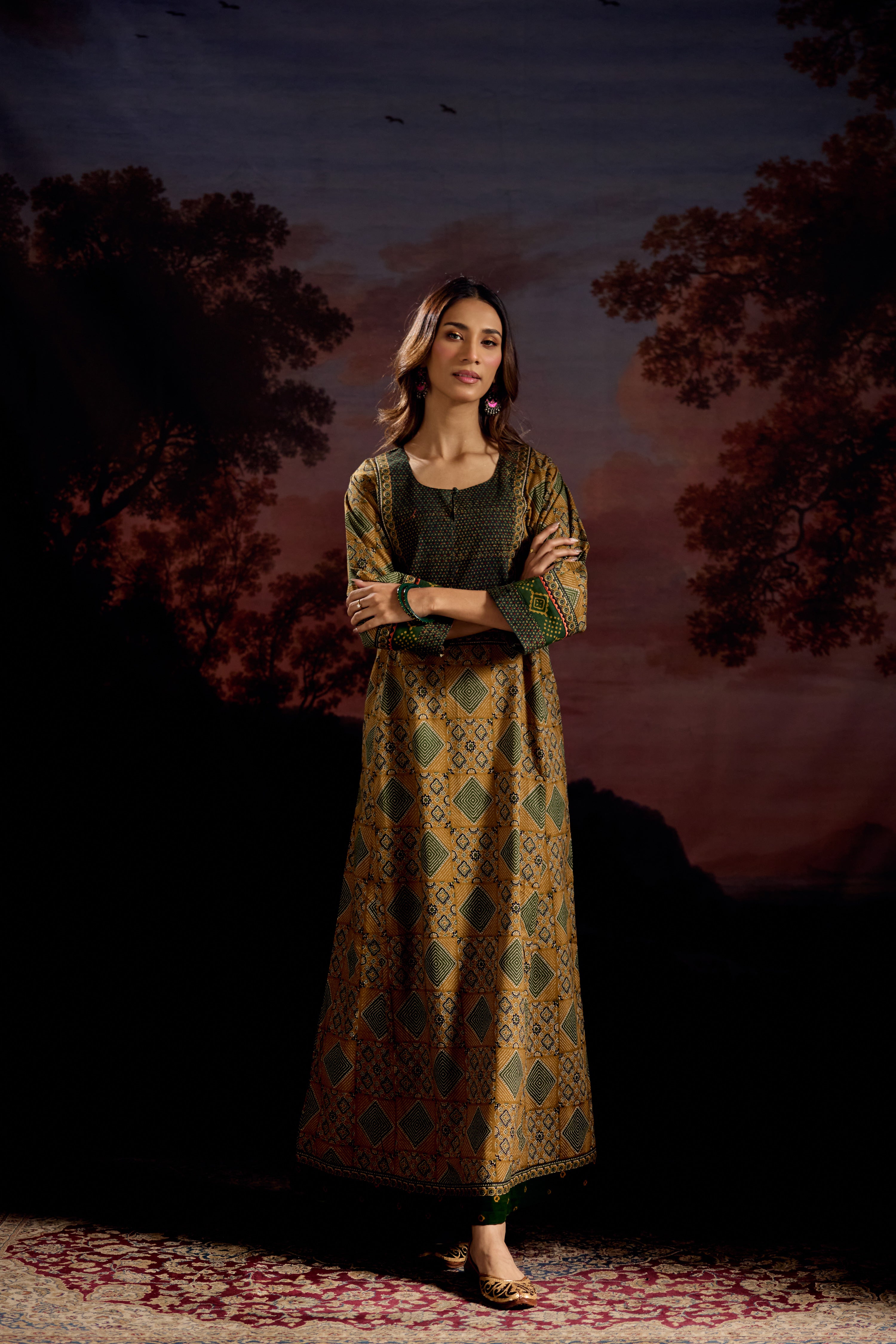 Rozana Cotton Printed Caftan Ochre/Green