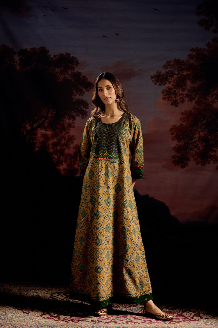 Rozana Cotton Printed Caftan Ochre/Green
