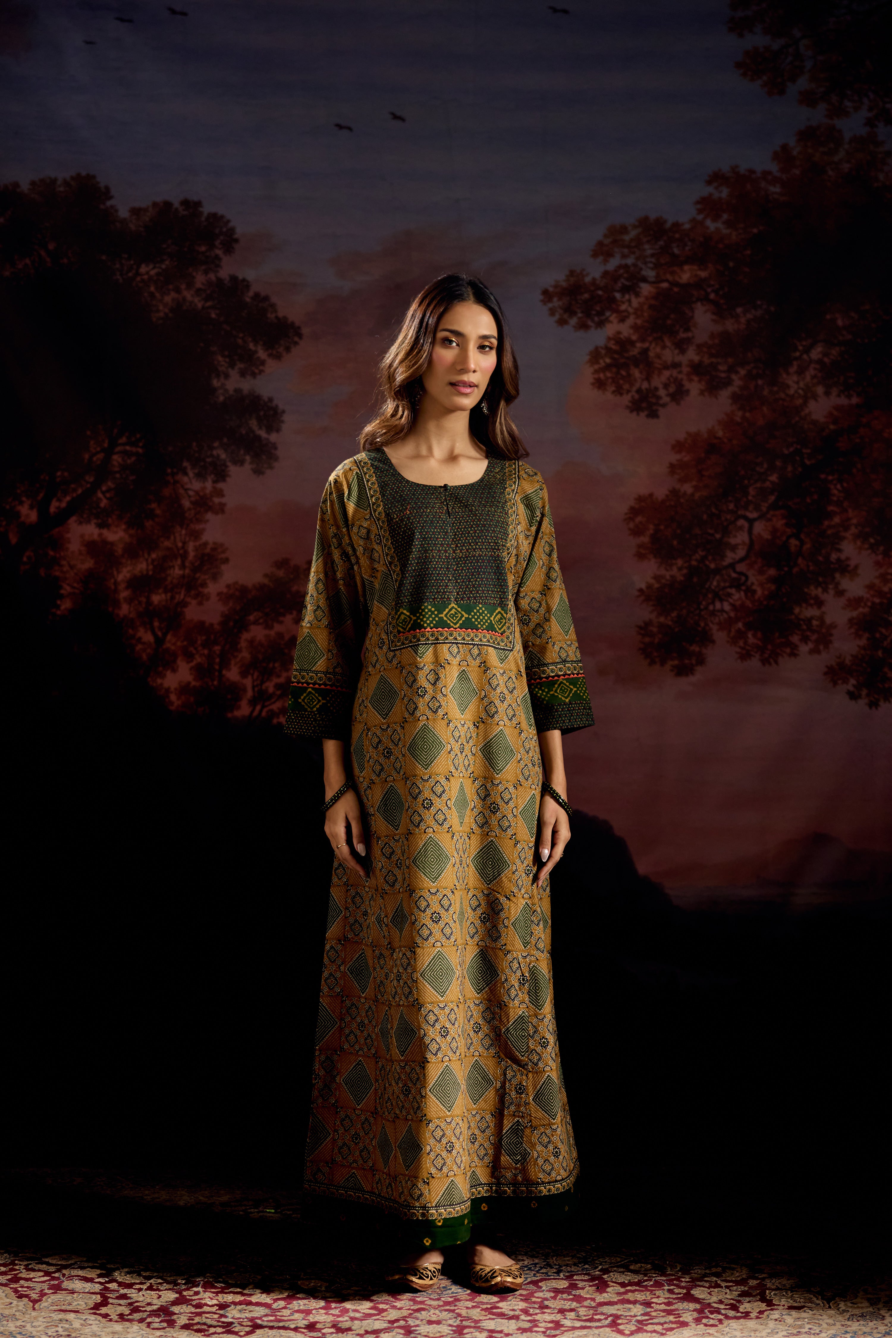 Rozana Cotton Printed Caftan Ochre/Green