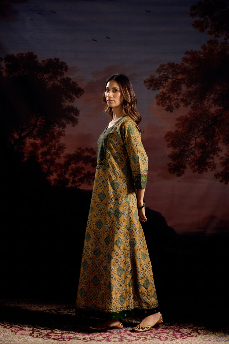Rozana Cotton Printed Caftan Ochre/Green