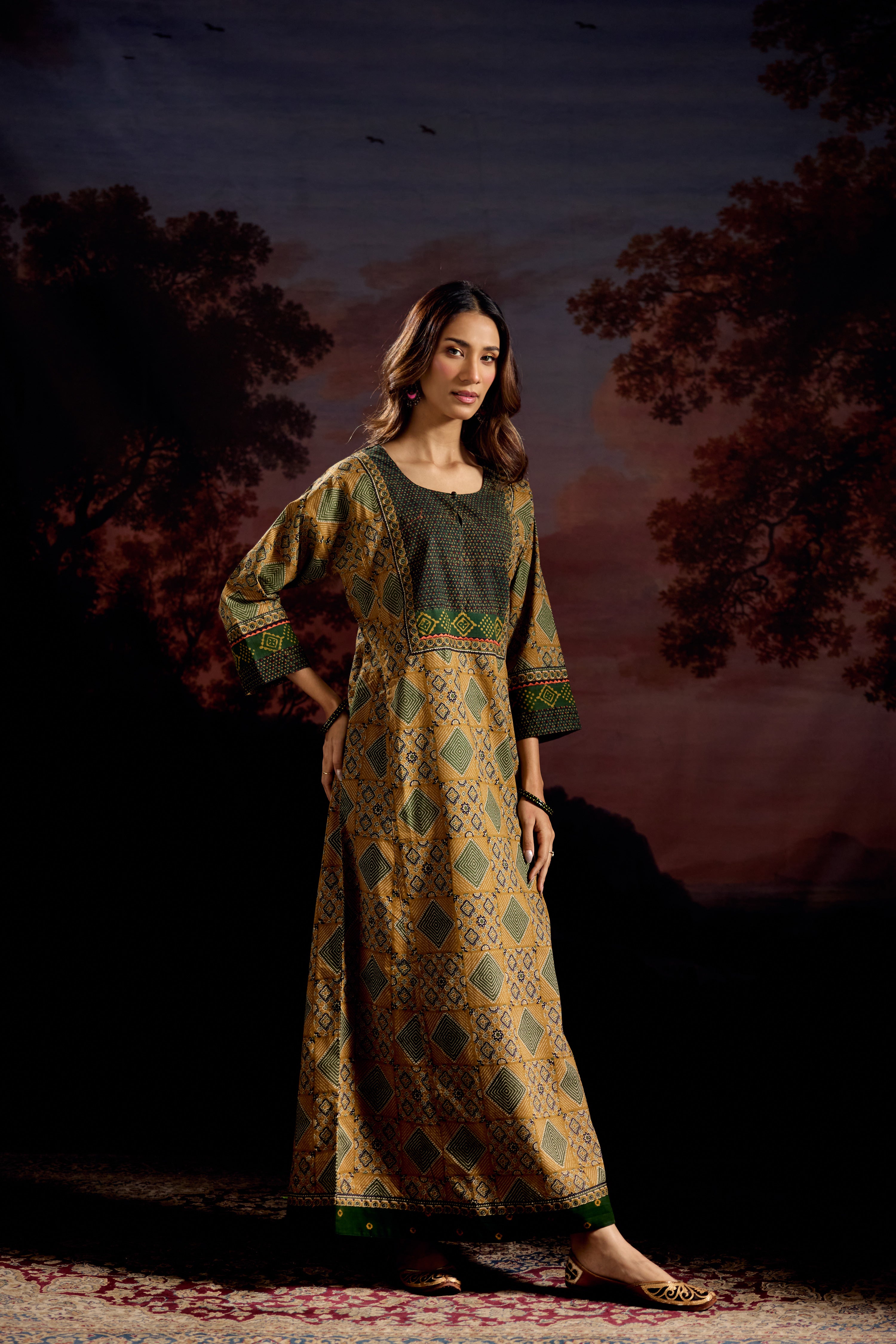 Rozana Cotton Printed Caftan Ochre/Green