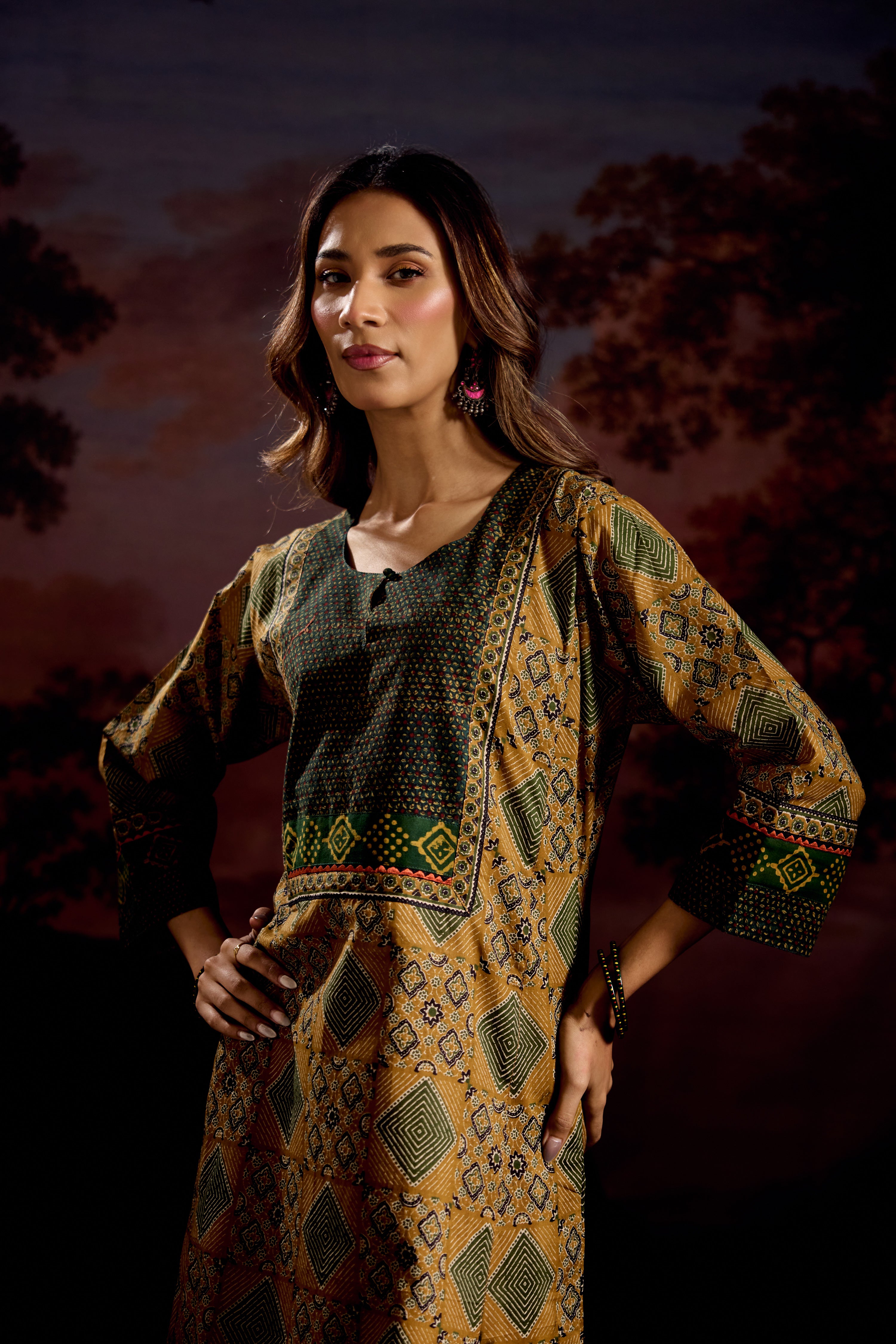Rozana Cotton Printed Caftan Ochre/Green