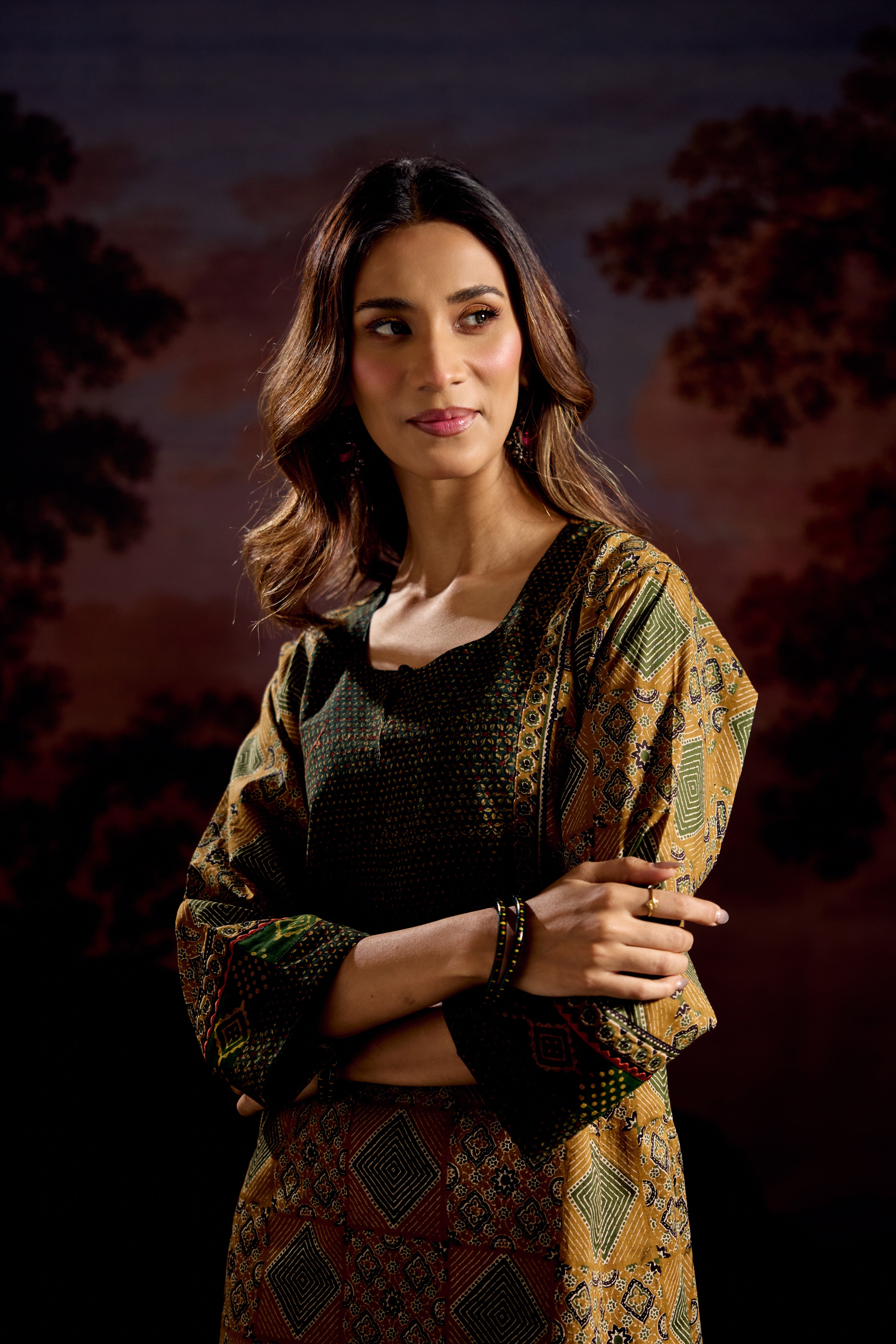 Rozana Cotton Printed Caftan Ochre/Green