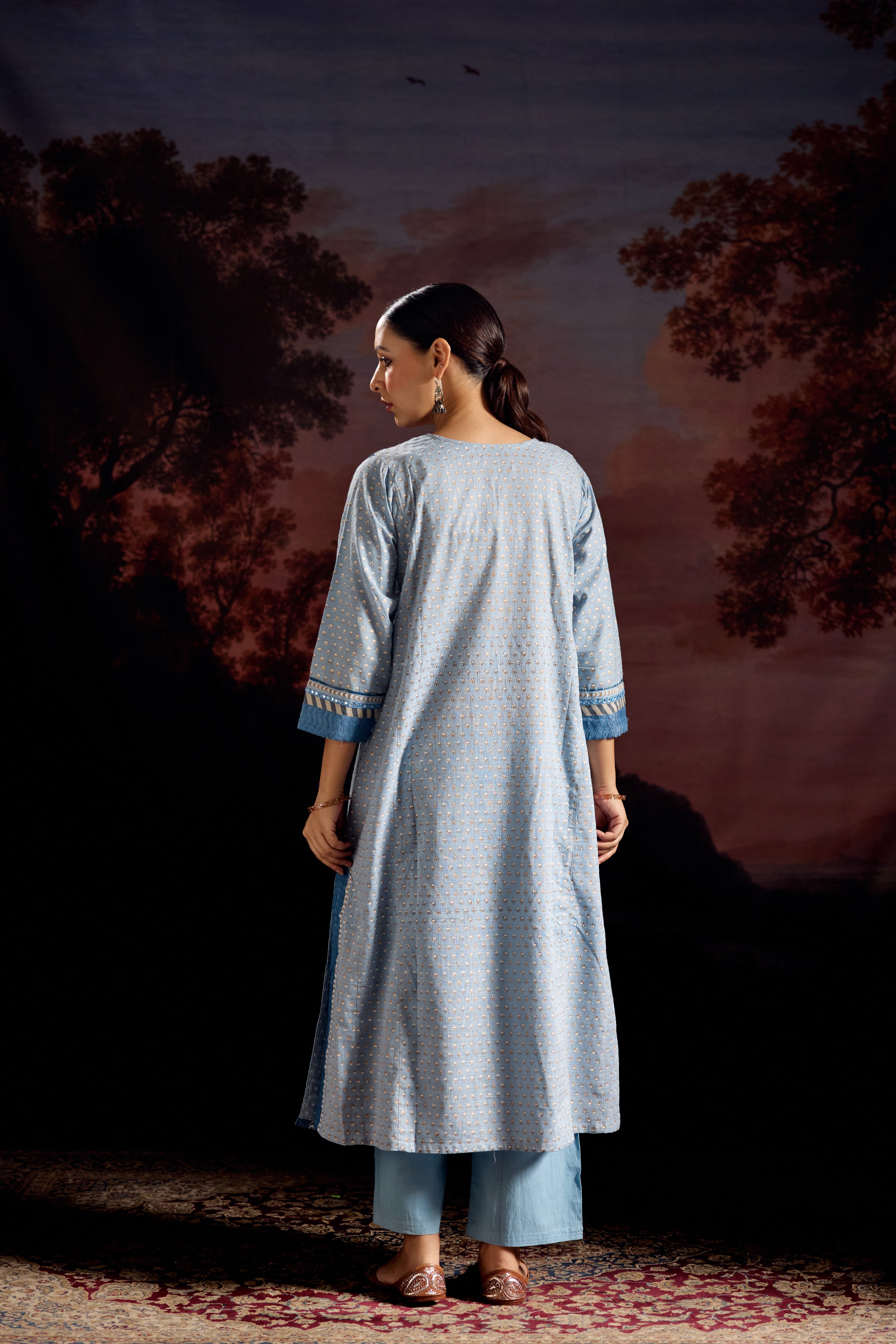 Adya Cotton Slub Printed Kurta Sky Blue (Set Of 3)