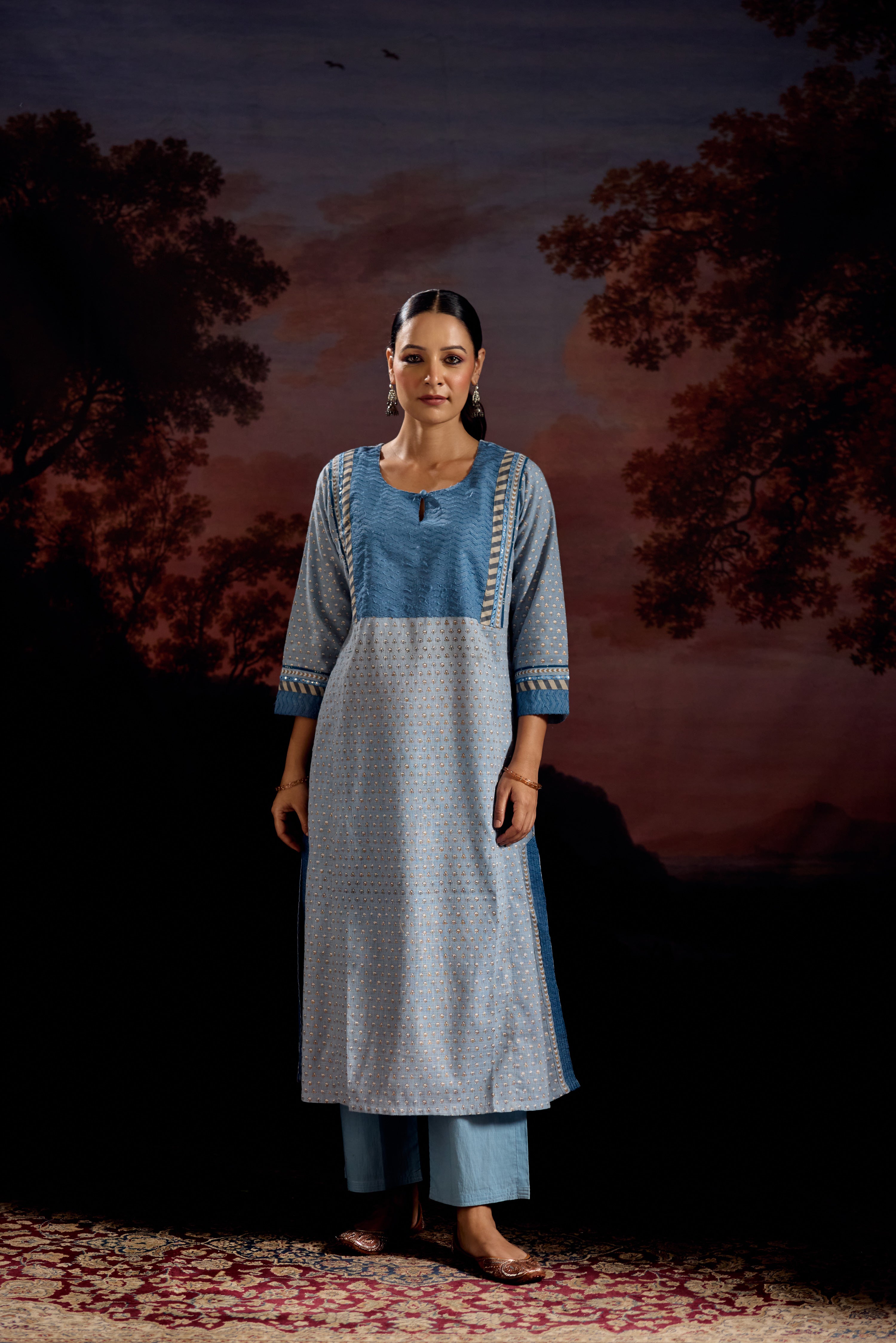 Adya Cotton Slub Printed Kurta Sky Blue (Set Of 3)