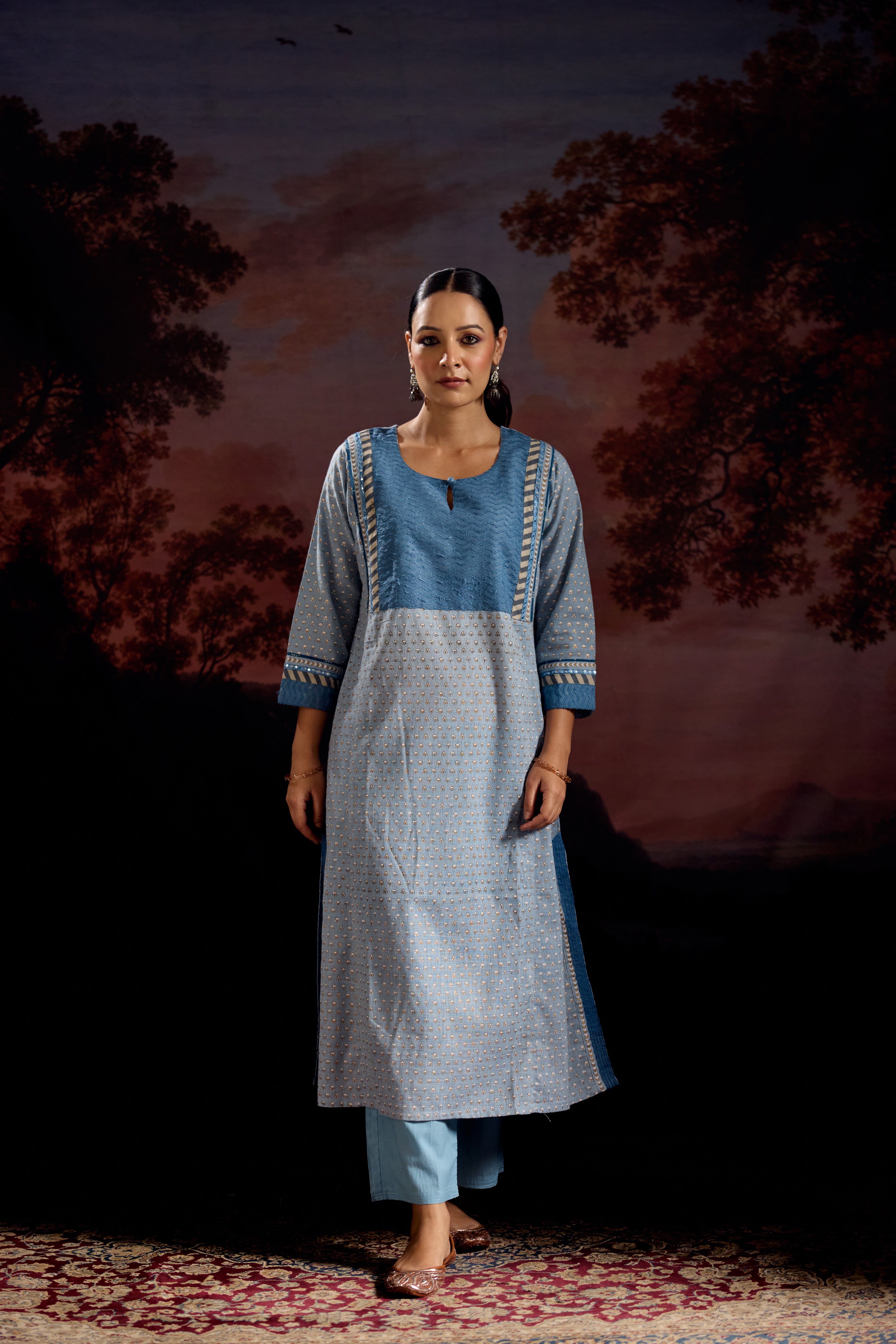 Adya Cotton Slub Printed Kurta Sky Blue (Set Of 3)